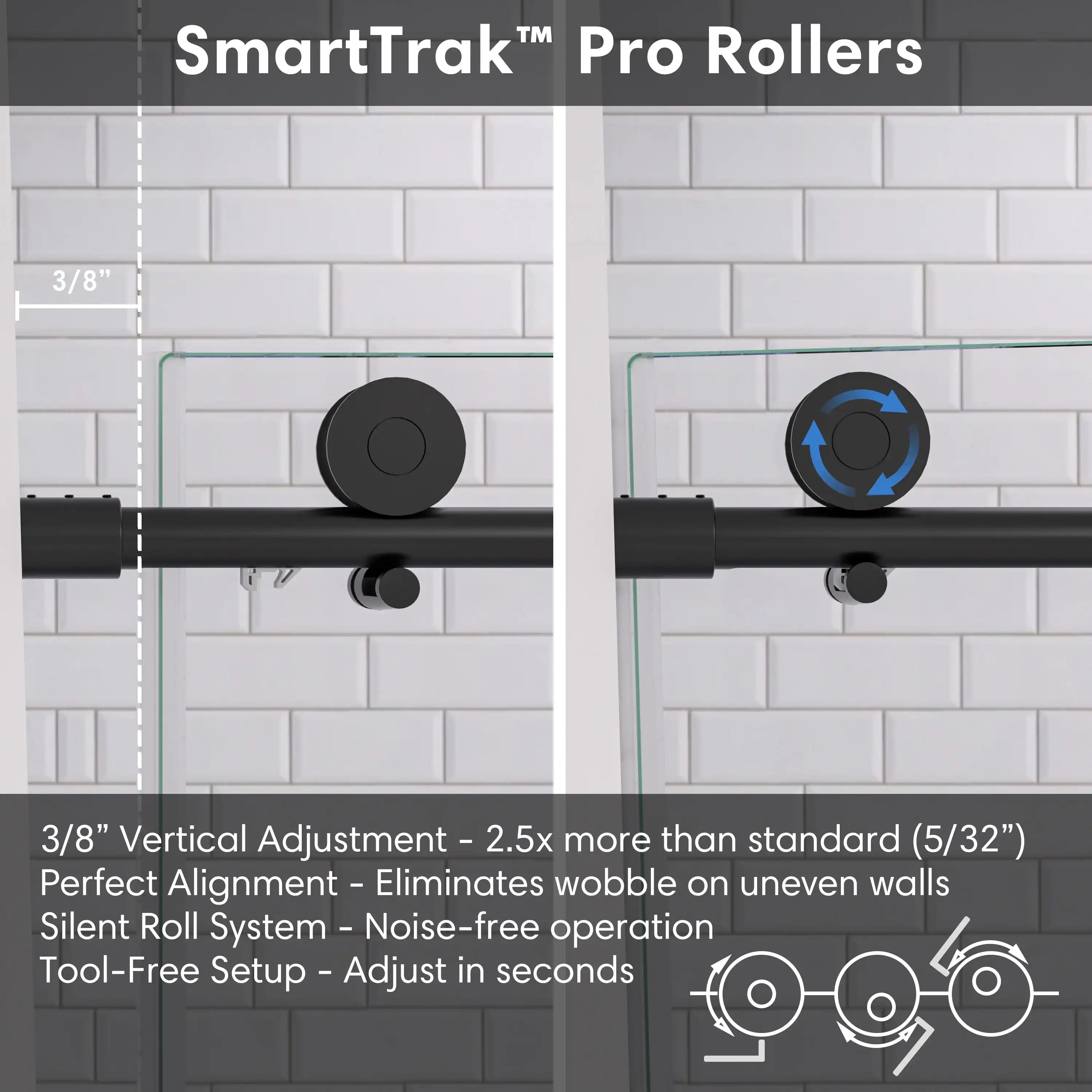 SmartTrak pro rollers with vertical adjustment for black frameless sliding shower door, size 60 x 74 | Ace Decor