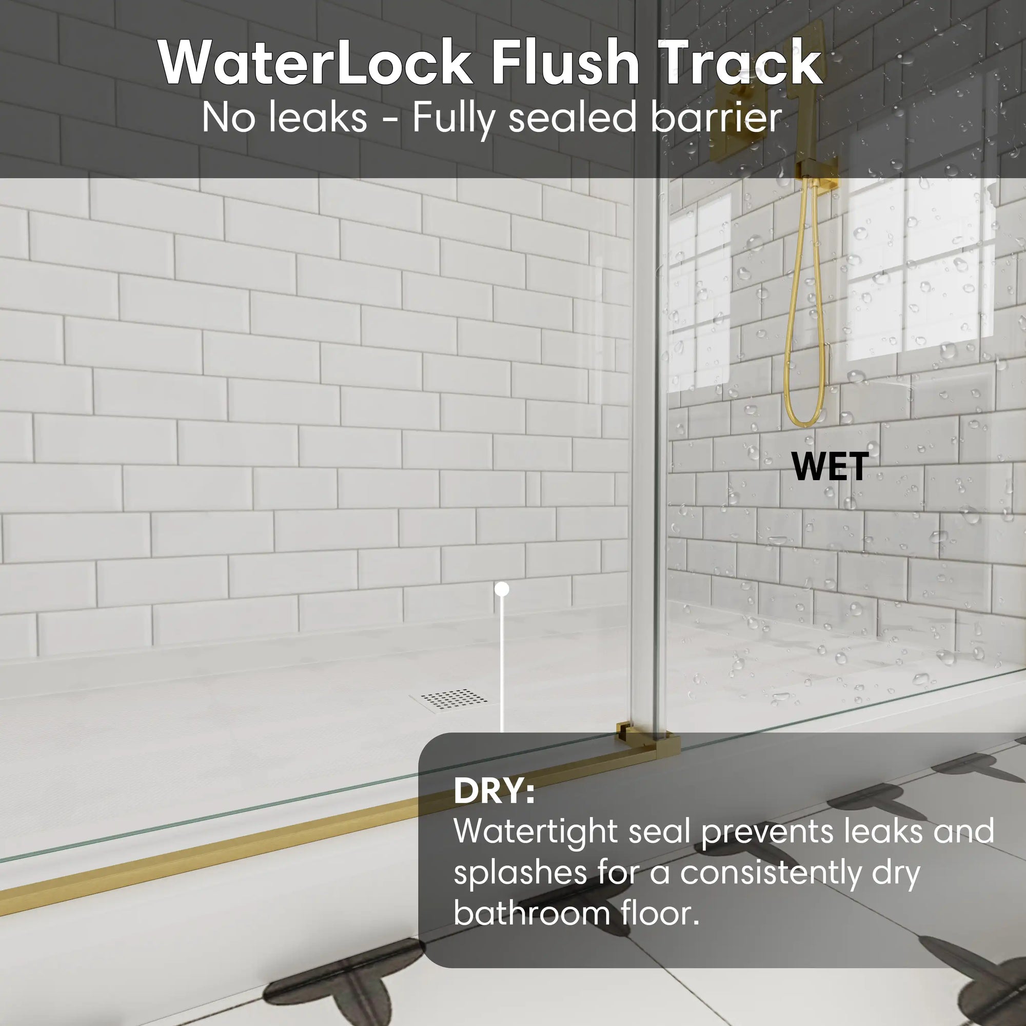 WaterLock flush track at the base of gold frameless shower door, size 60 x 74, providing waterproof seal for a dry bathroom floor | Ace Decor