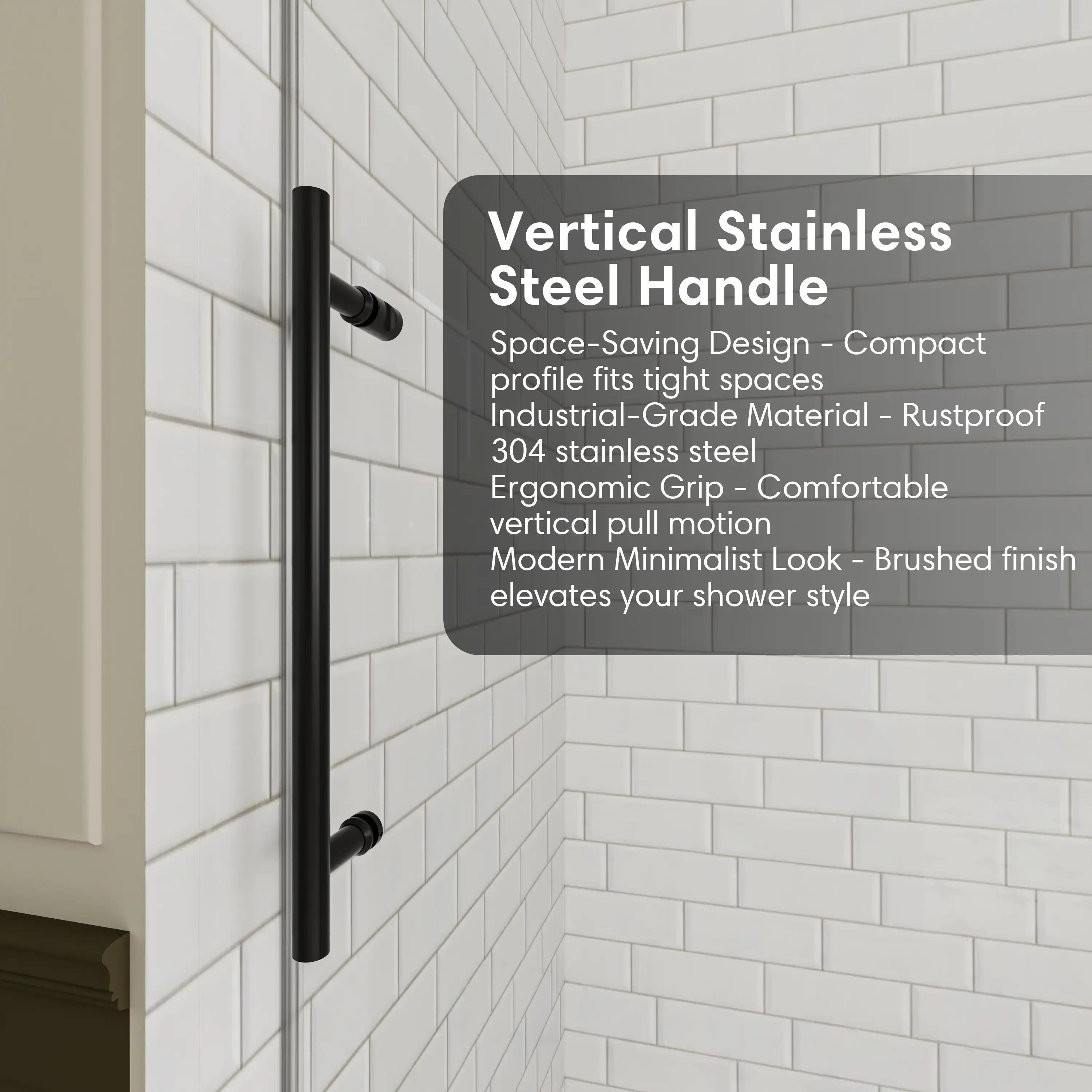 Vertical stainless steel handle on black frameless sliding shower door, size 60 x 74 | Ace Decor