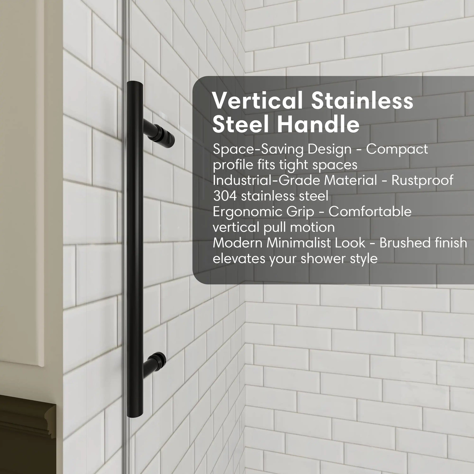 Vertical stainless steel handle on black frameless sliding shower door, size 60 x 74 | Ace Decor