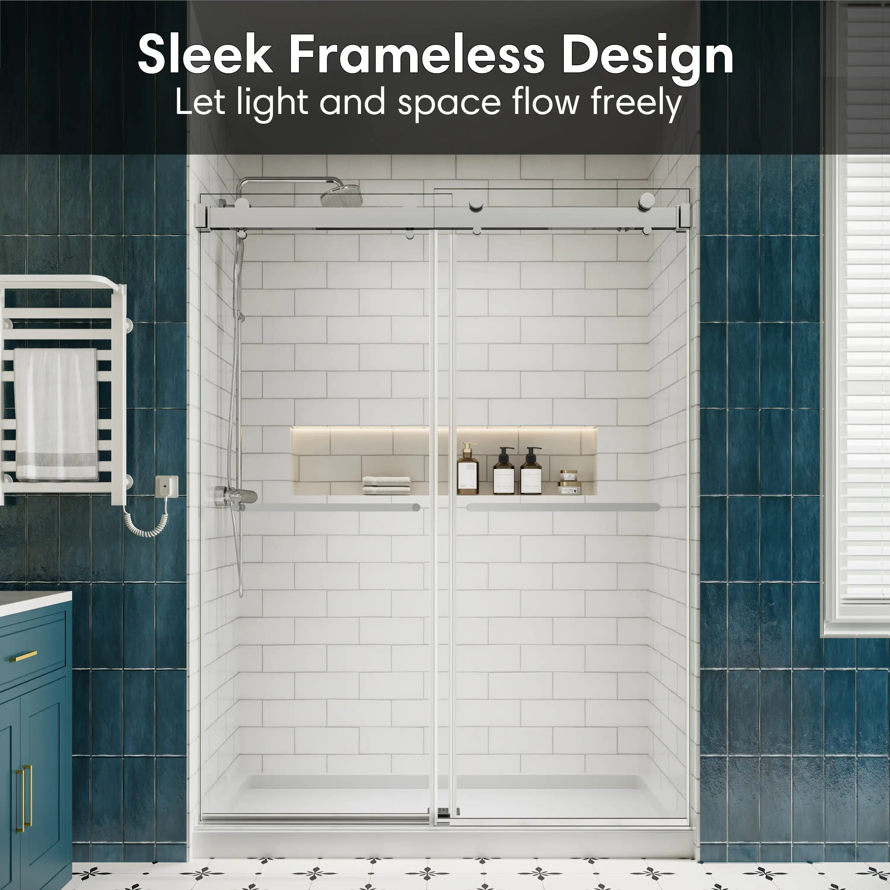 Chrome frameless shower door showcasing sleek design that enhances light and space in a modern bathroom | Ace Decor