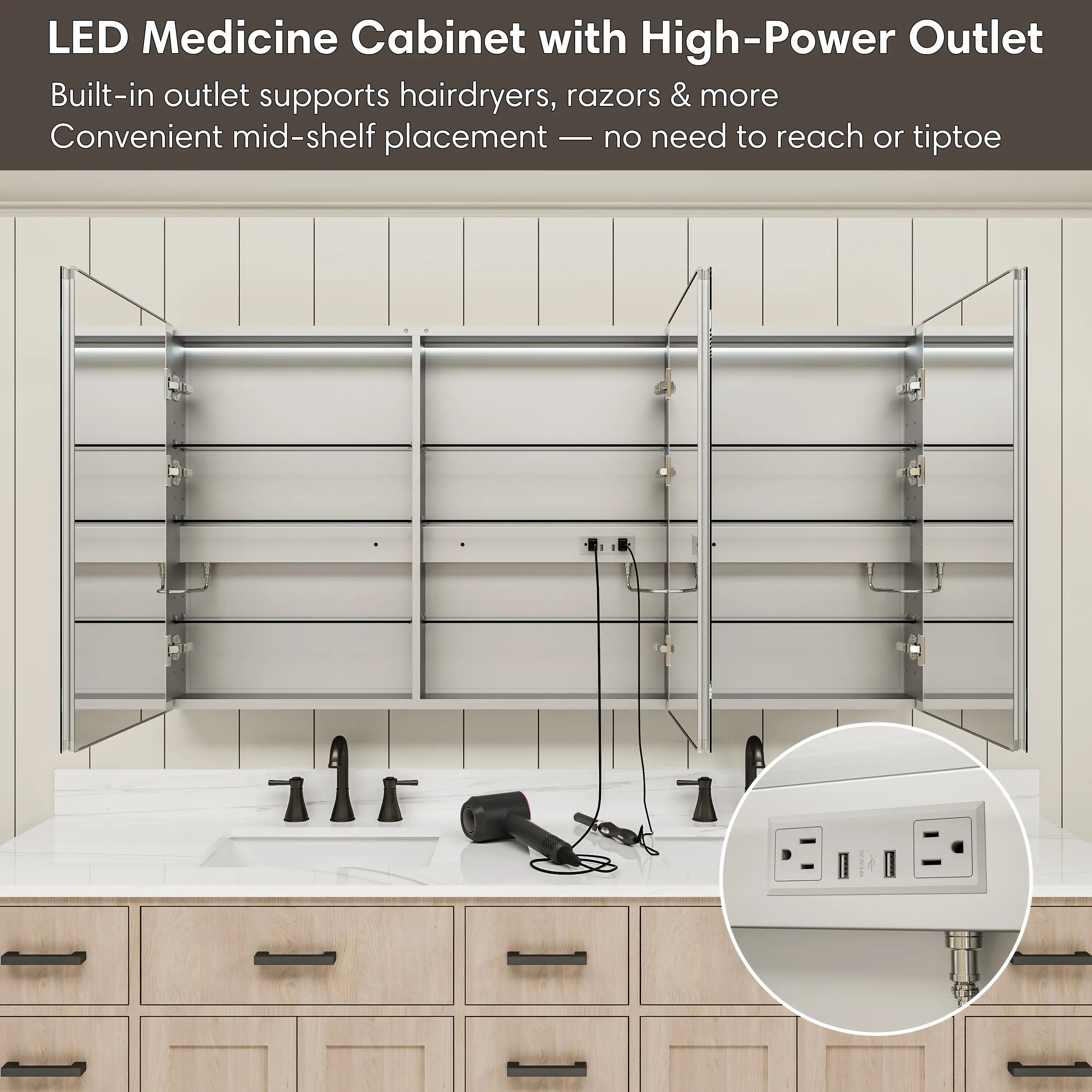 Pro Shower 48x30/60x30 LED Medicine Cabinet with built-in high power outlet for hair dryer.