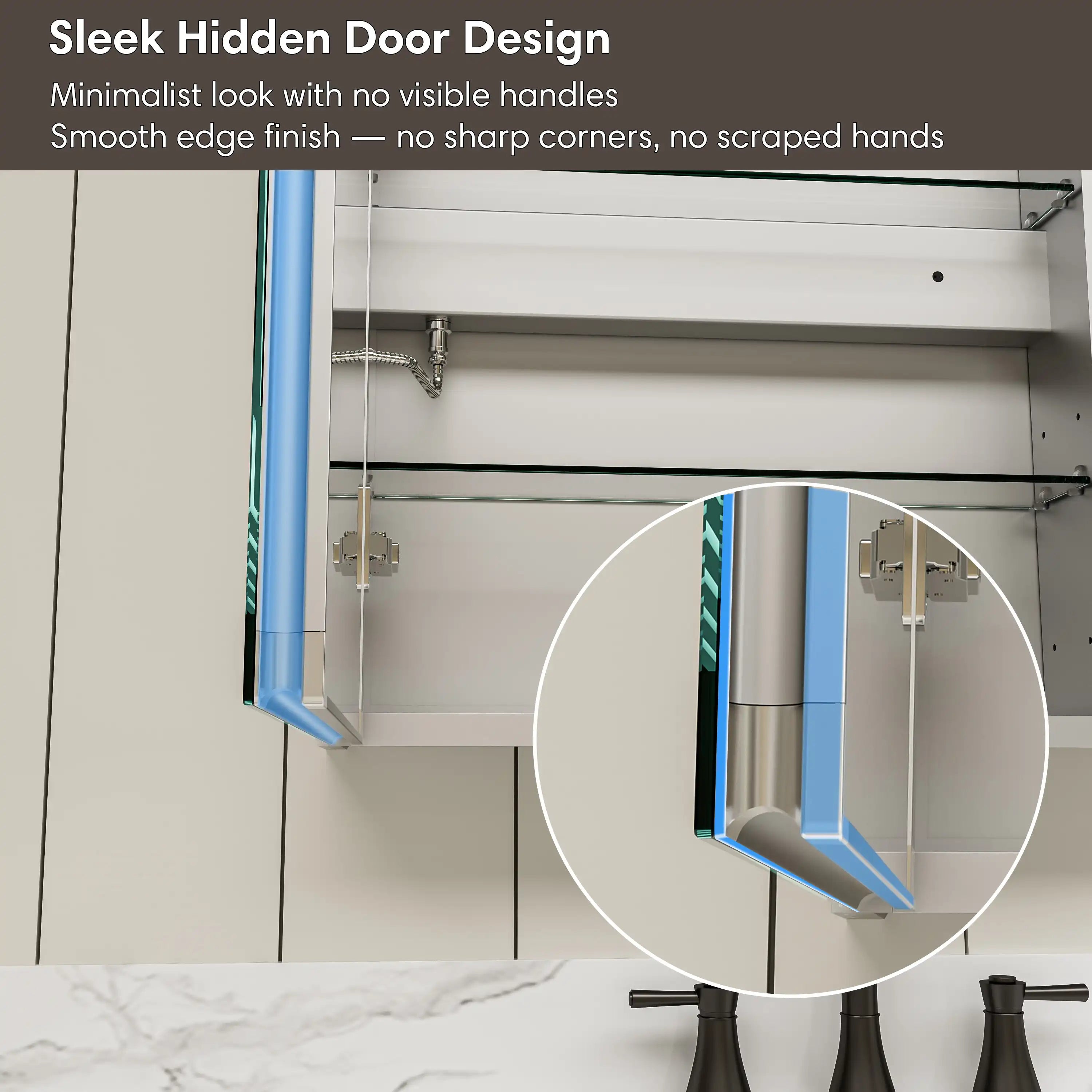 Pro Shower 48x30/60x30 LED Medicine Cabinet with sleek hidden door handles design.
