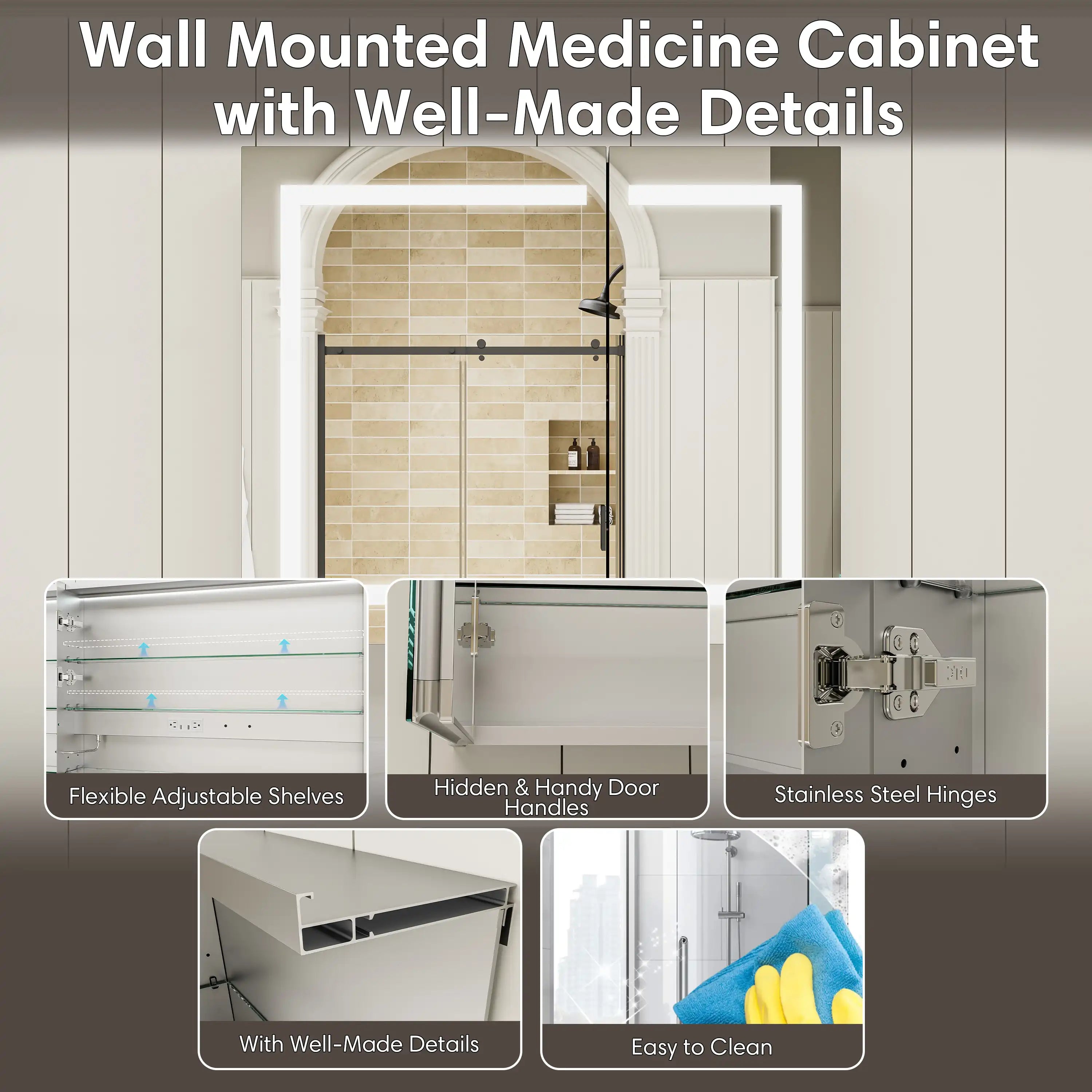 Pro Shower 36x30 LED Medicine Cabinet with premium hinges and frames, adjustable shelves, and easy-to-clean design.