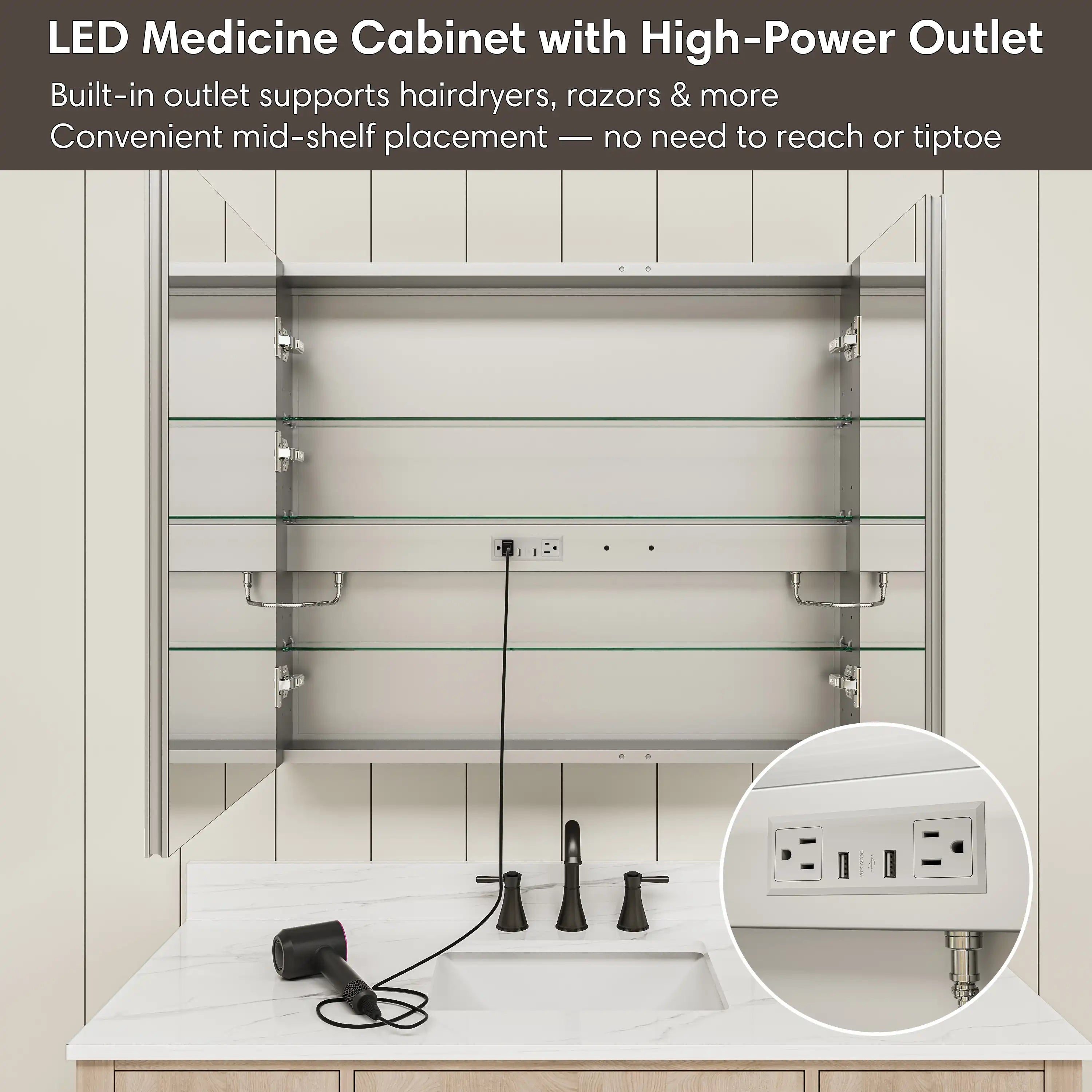 Pro Shower 36x30 LED Medicine Cabinet with built-in high power outlet for hair dryer or shaver, and USB charging.
