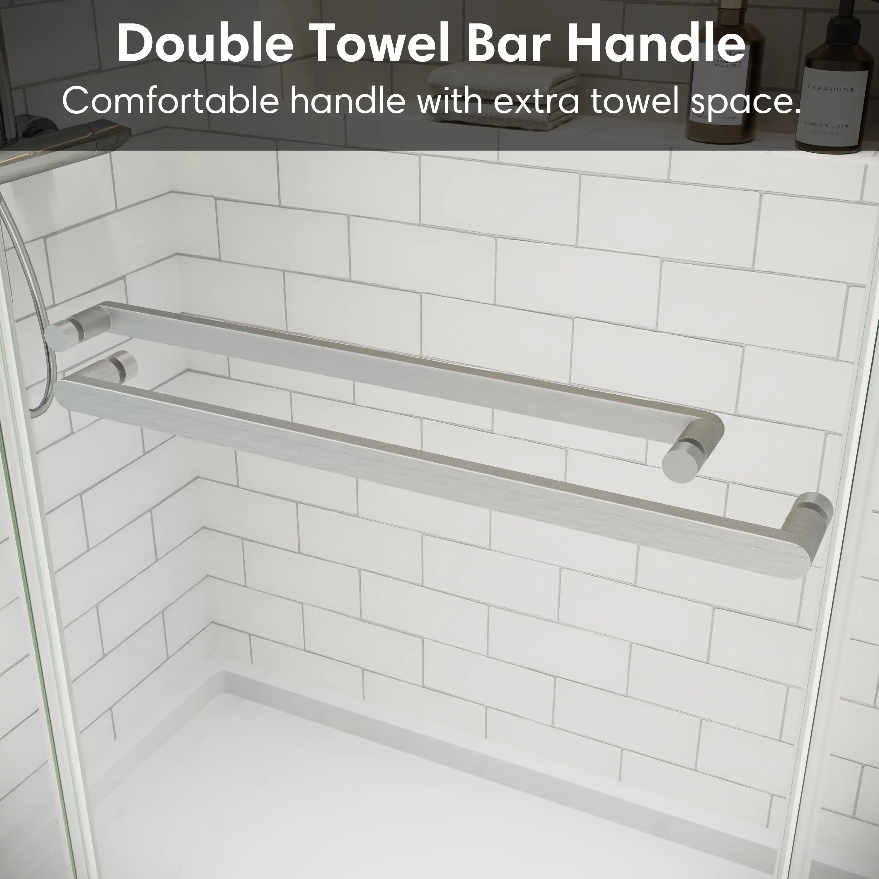 Brushed nickel double towel bar handle providing extra towel space on frameless sliding shower door | Ace Decor