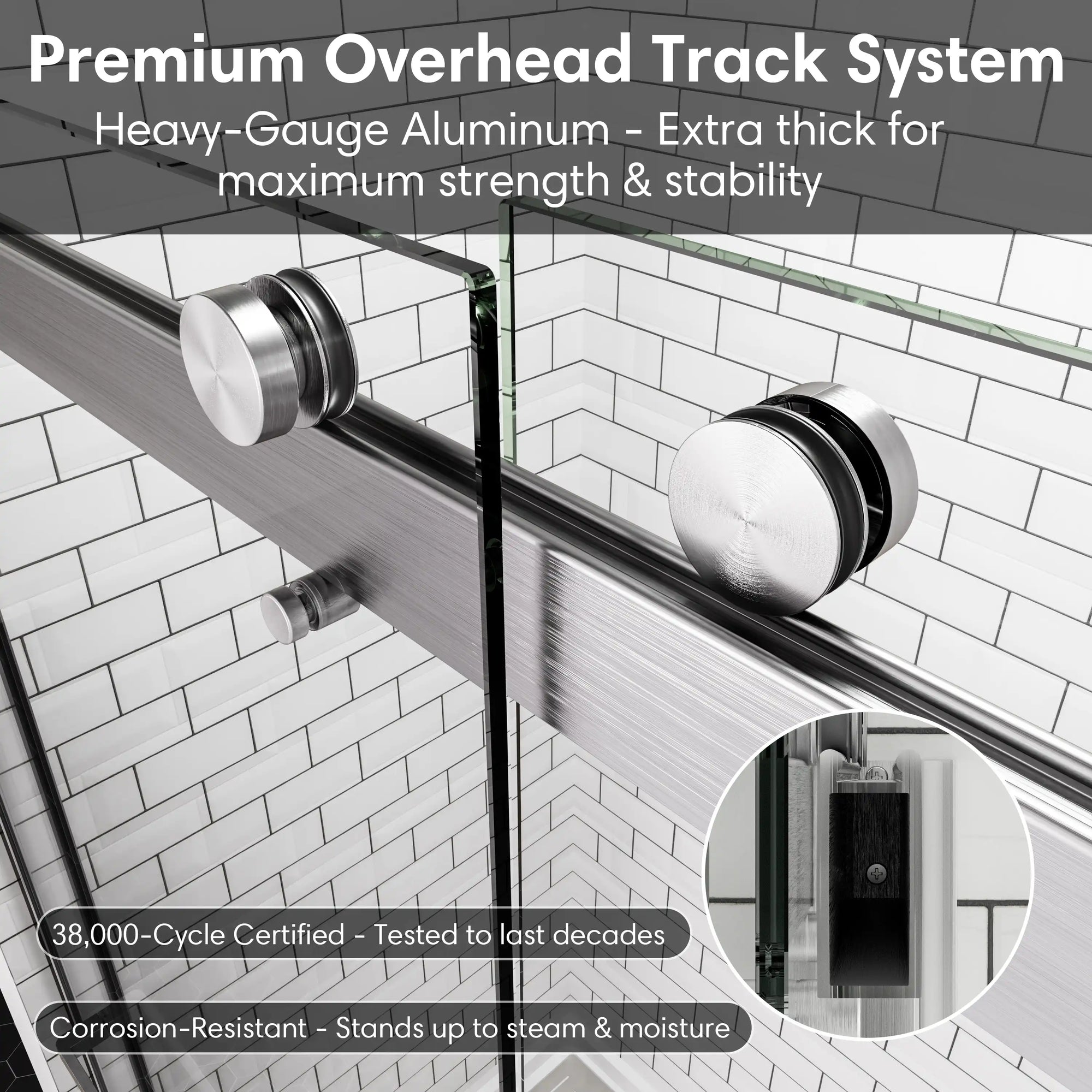 Premium overhead track system for the ACE Decor Aurevo-X Series semi-frameless sliding shower door, featuring heavy-gauge aluminum construction and exposed rollers.