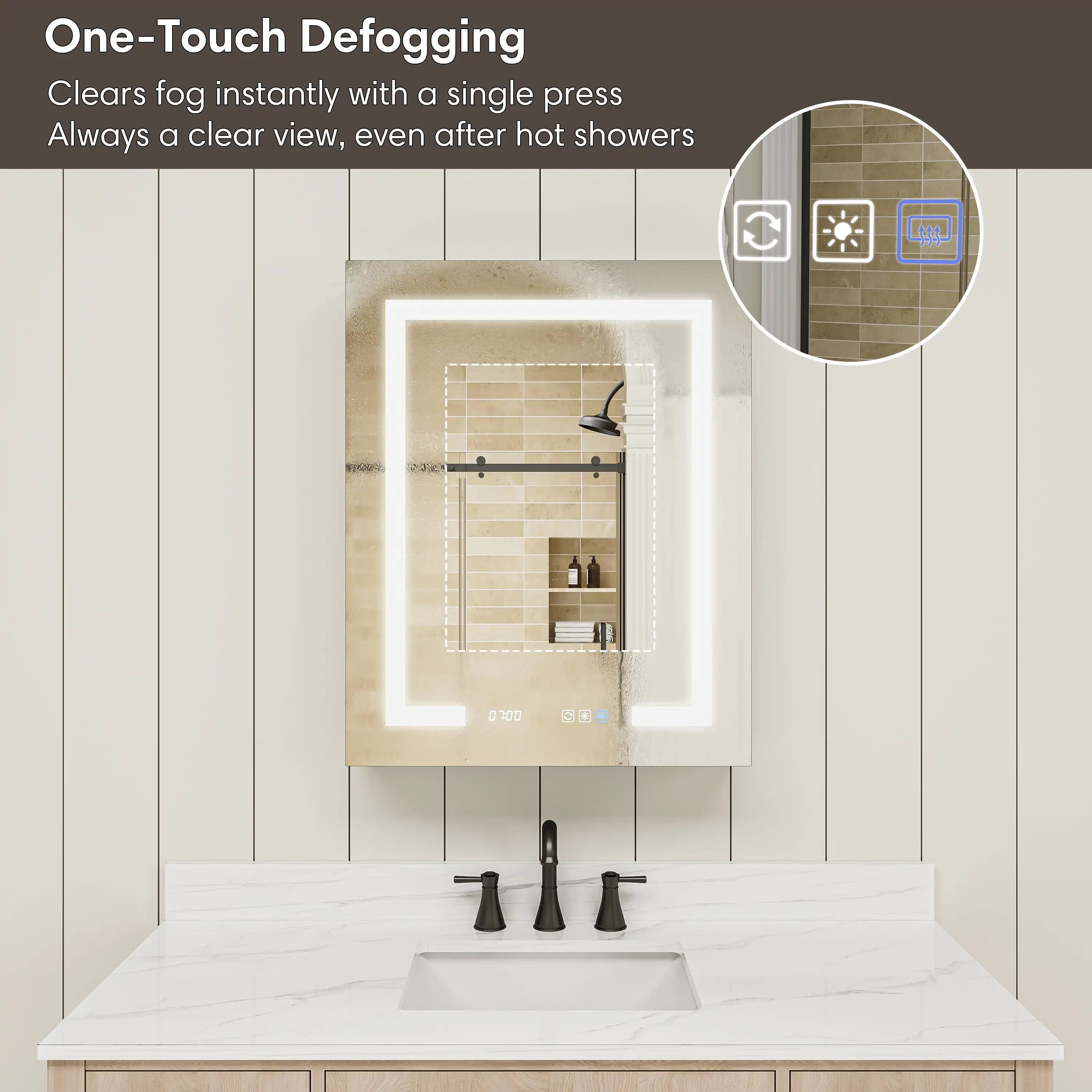 One-touch defogging feature on Pro Shower 24x30 Rectangular LED Medicine Cabinet.