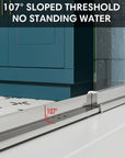 107° sloped threshold design of pivot shower door prevents standing water and ensures better drainage | Ace Decor