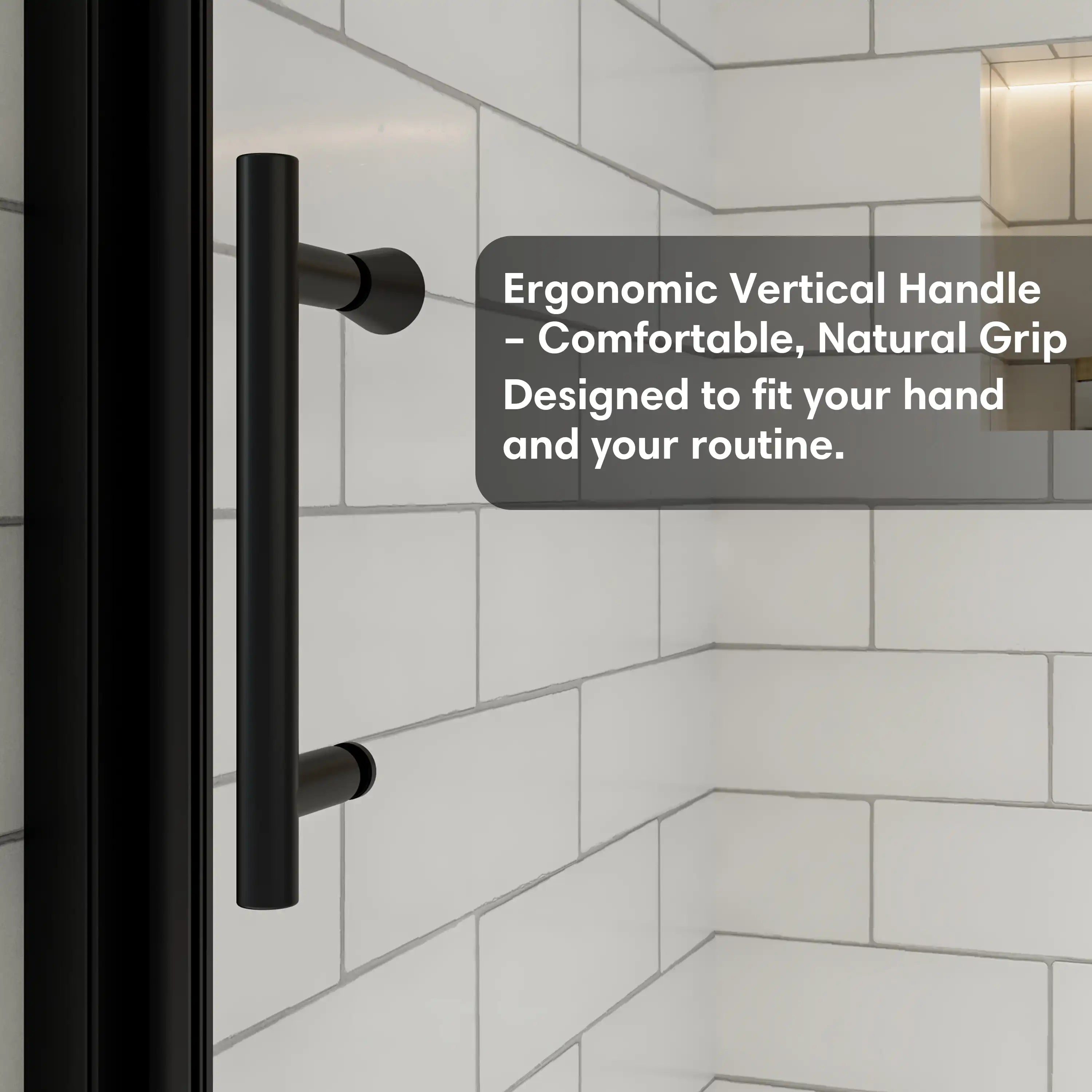 Ergonomic vertical handle detail of 36 x 72 36 pivot shower door, designed for a comfortable natural grip | Ace Decor
