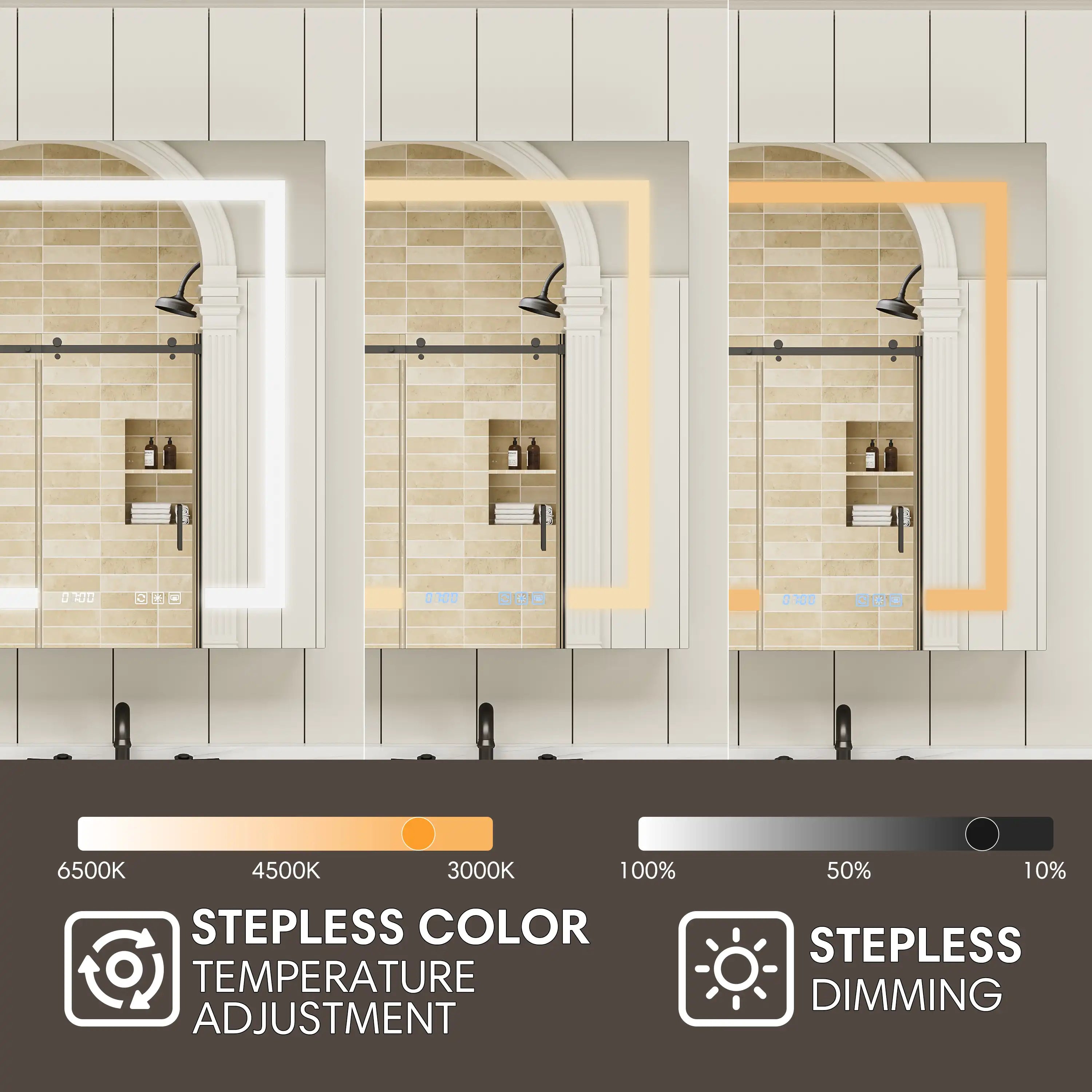 Pro Shower LED Medicine Cabinet with adjustable color temperature and brightness lighting.