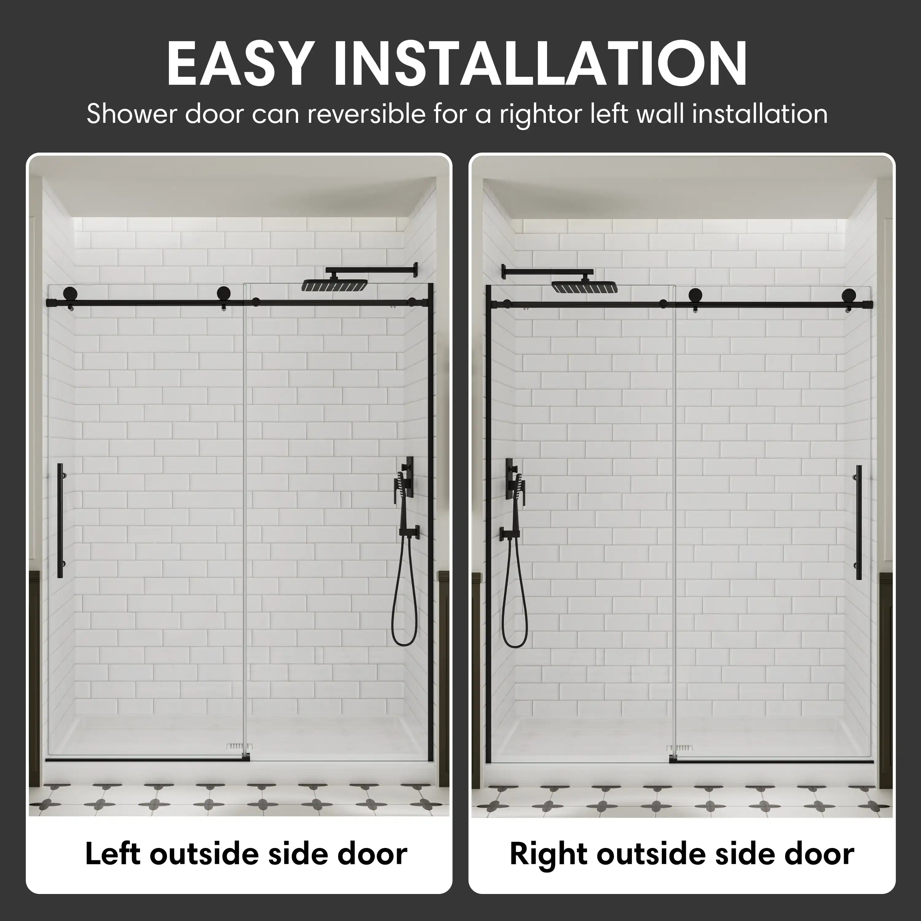 Easy-installation 60 x 74 black frameless shower door shown in reversible left- or right-opening configurations | Ace Decor