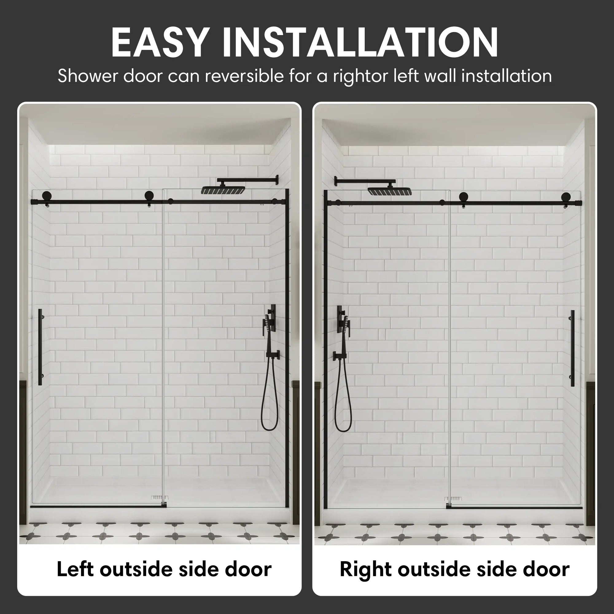 Easy-installation 60 x 74 black frameless shower door shown in reversible left- or right-opening configurations | Ace Decor