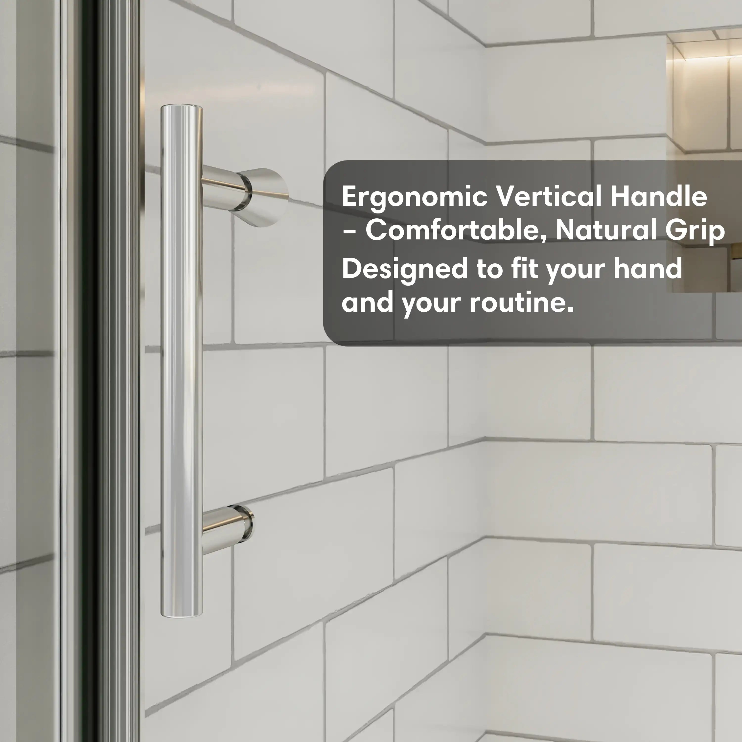 Ergonomic vertical handle of pivot shower door provides a comfortable natural grip and modern style | Ace Decor