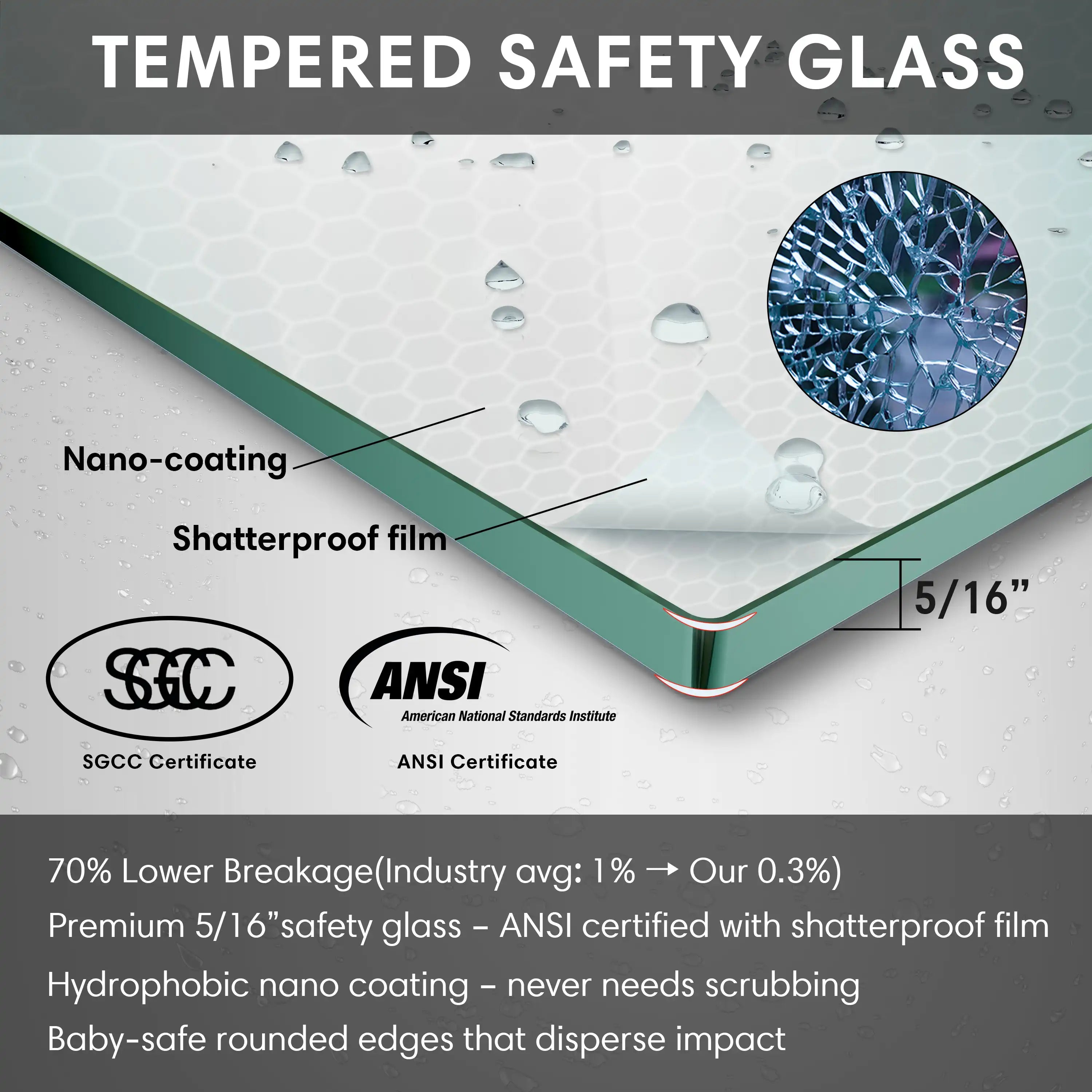Tempered safety glass for soft close sliding shower doors, frameless 60 x 74 with shatterproof film and nano-coating | Ace Decor