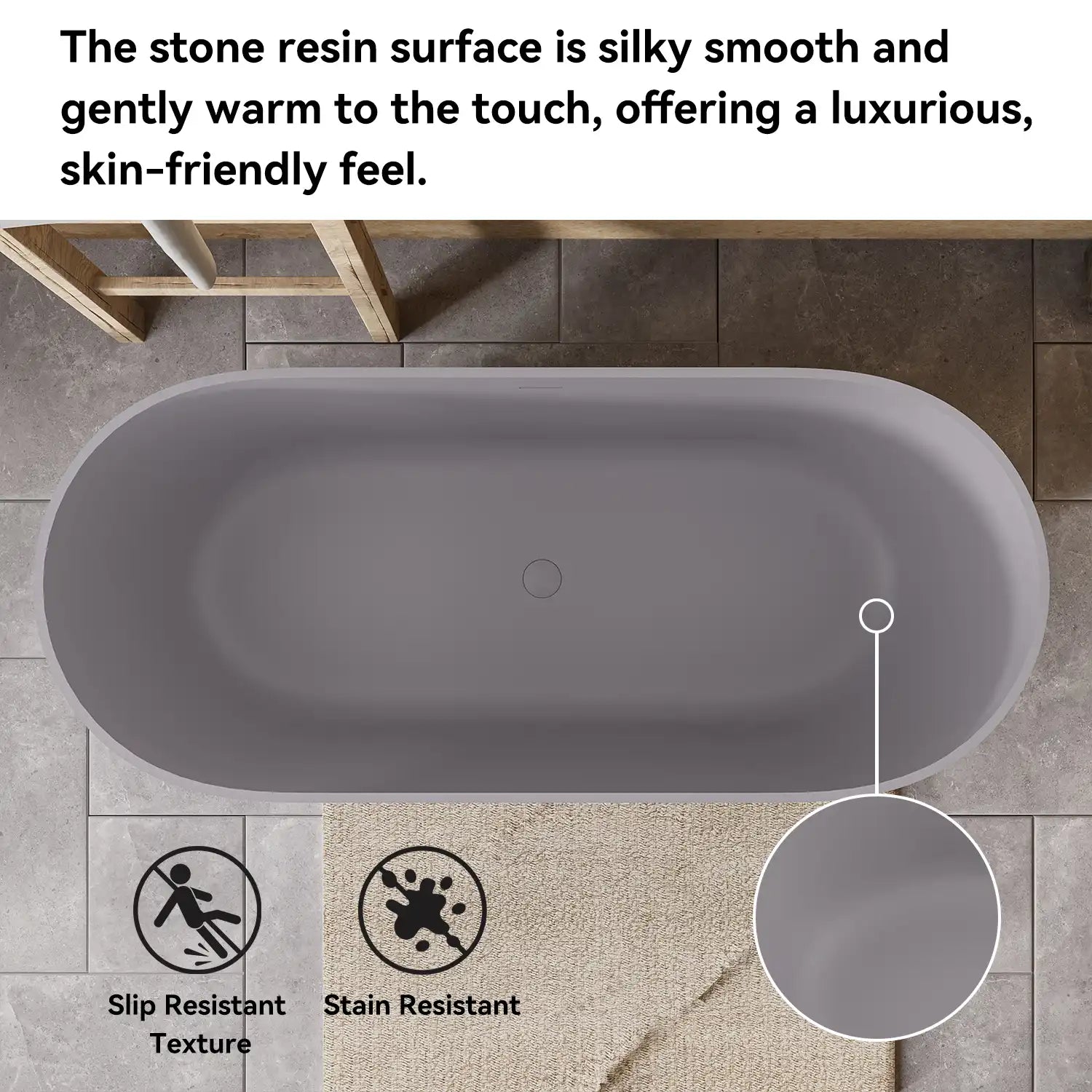 Stone Resin Freestanding Soaking Bathtub  color:Matte Gray