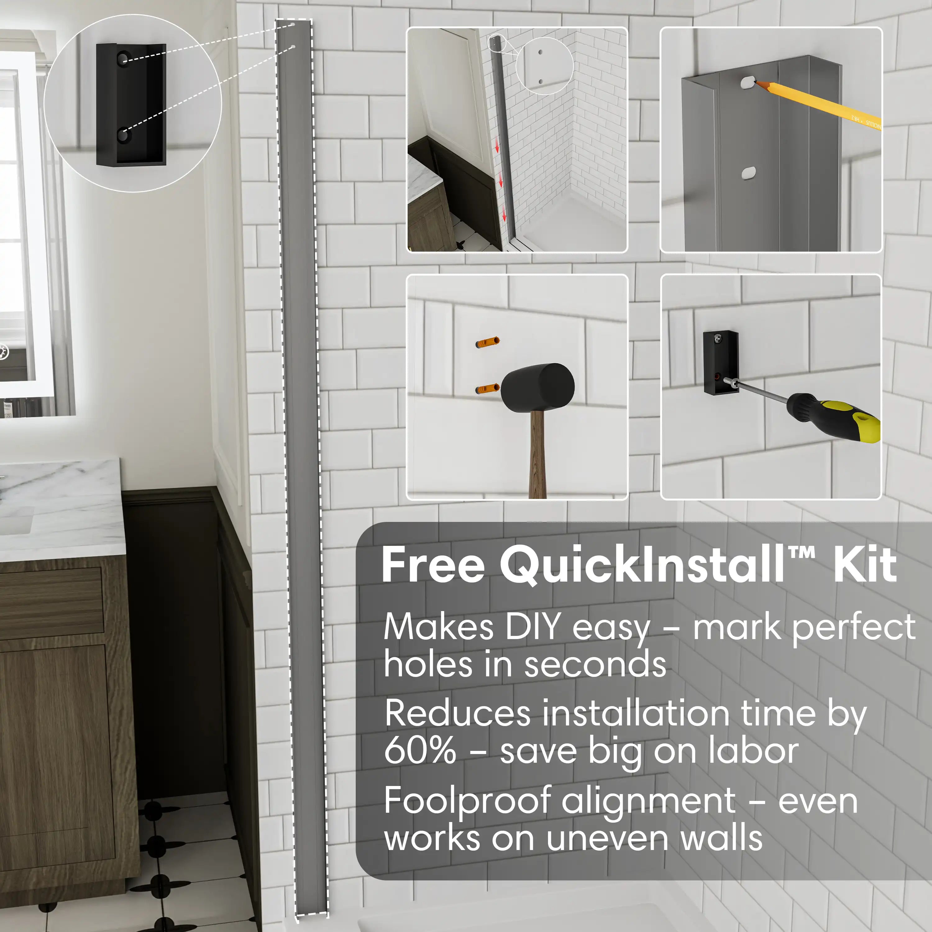 Free QuickInstall kit for soft close sliding shower doors, frameless 60 x 74 design | Ace Decor