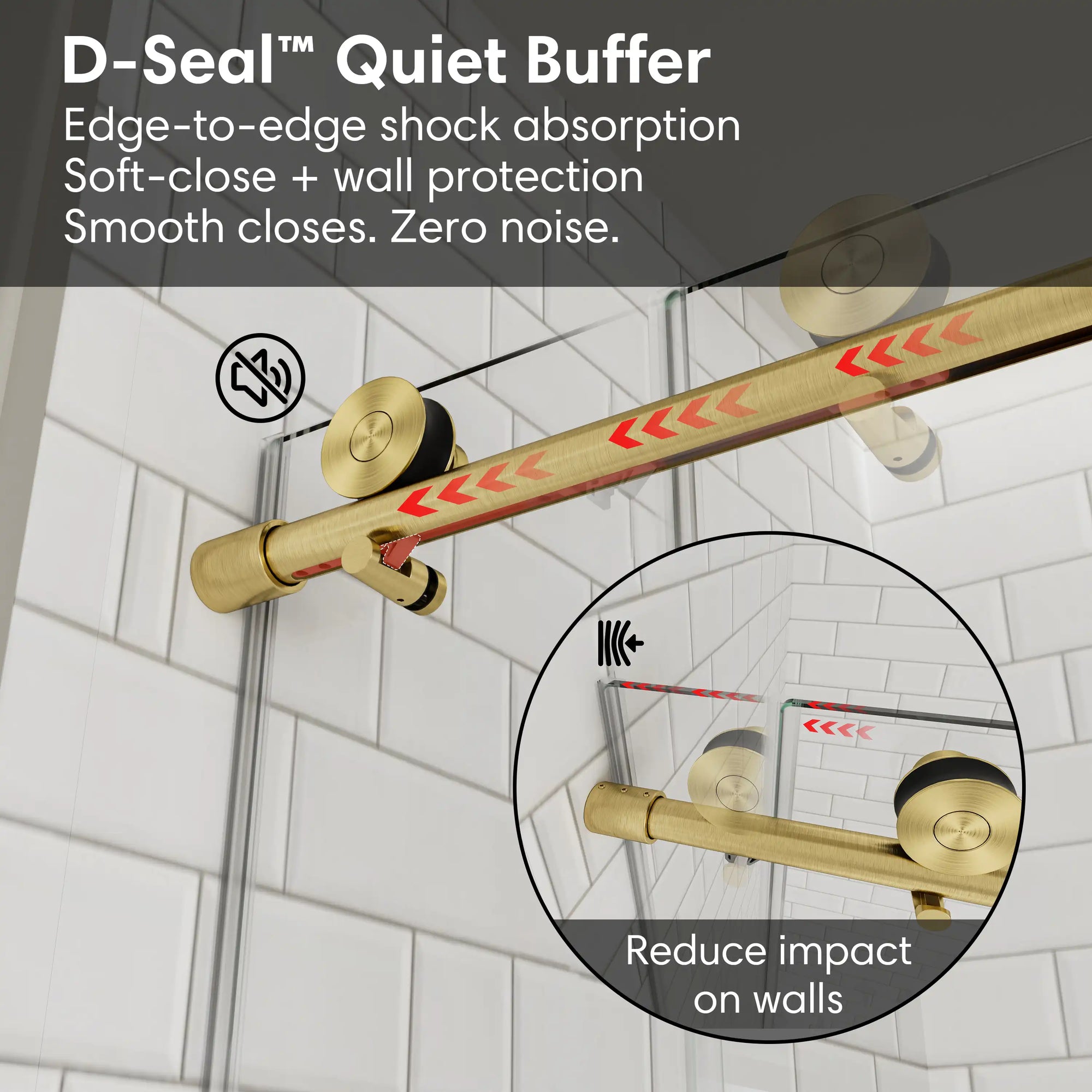 D-Seal quiet buffer for gold frameless shower door, size 60 x 74, providing edge-to-edge shock absorption and noise-free closing | Ace Decor