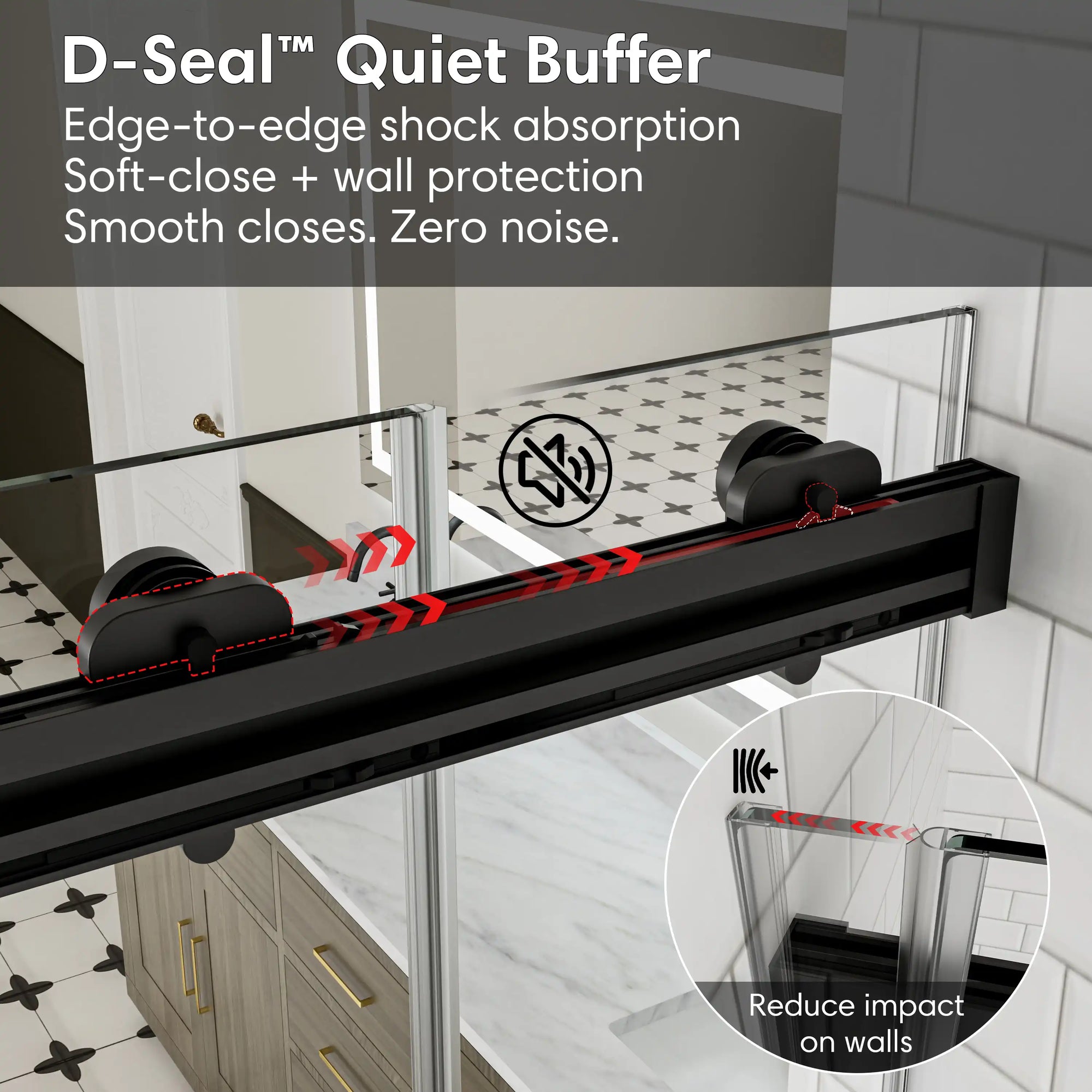 D-seal quiet buffer for soft close sliding shower doors, frameless 60 x 74 | Ace Decor