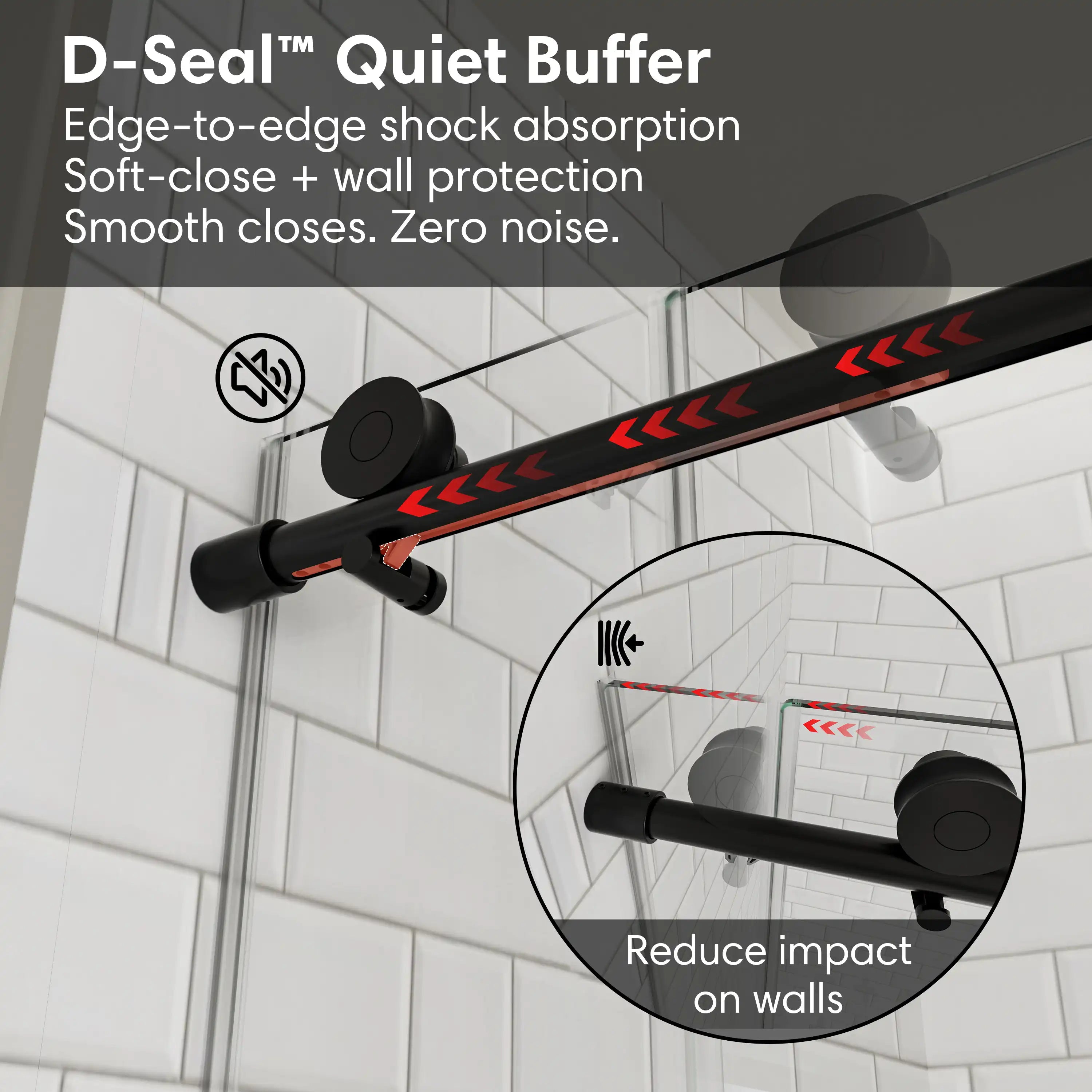 D-Seal quiet buffer for black frameless sliding shower door, size 60 x 74, providing edge-to-edge shock absorption and noise-free closing | Ace Decor