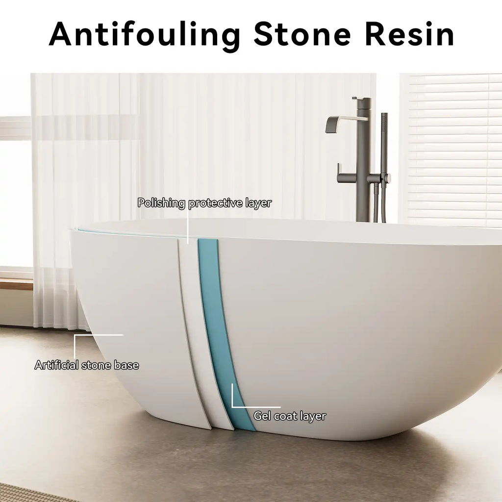 Aura Series 59" bathtub multi layers antifouling stone resin construction ensure durability.