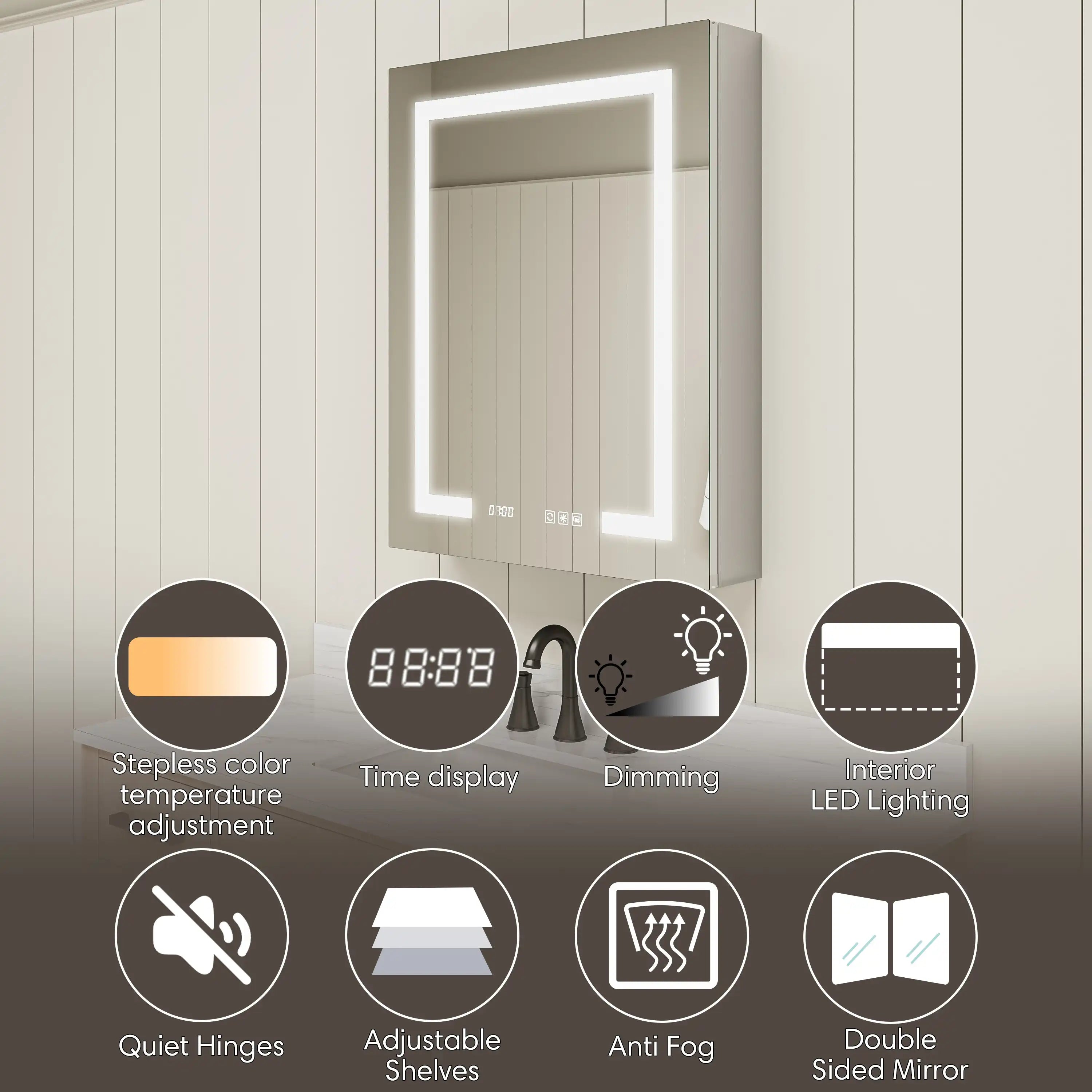 Pro Shower LED Medicine Cabinet with mirror, LED lighting, anti-fog, storage shelves, quiet hinges and outlets.