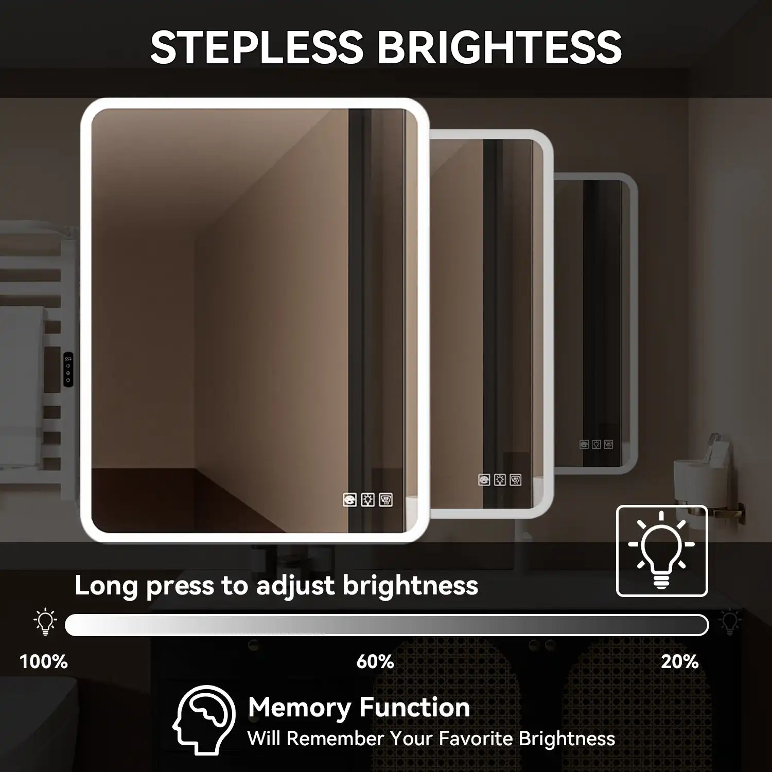Rectangular Framed Dimmable Anti-Fog LED Wall Bathroom Vanity Mirror