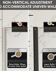 Non-vertical adjustment feature with roller wheel system for easy door panel alignment on shower door. | Ace Decor