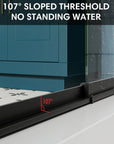 107° sloped threshold design preventing standing water for 36 x 72 36 pivot shower door with matte black frame | Ace Decor