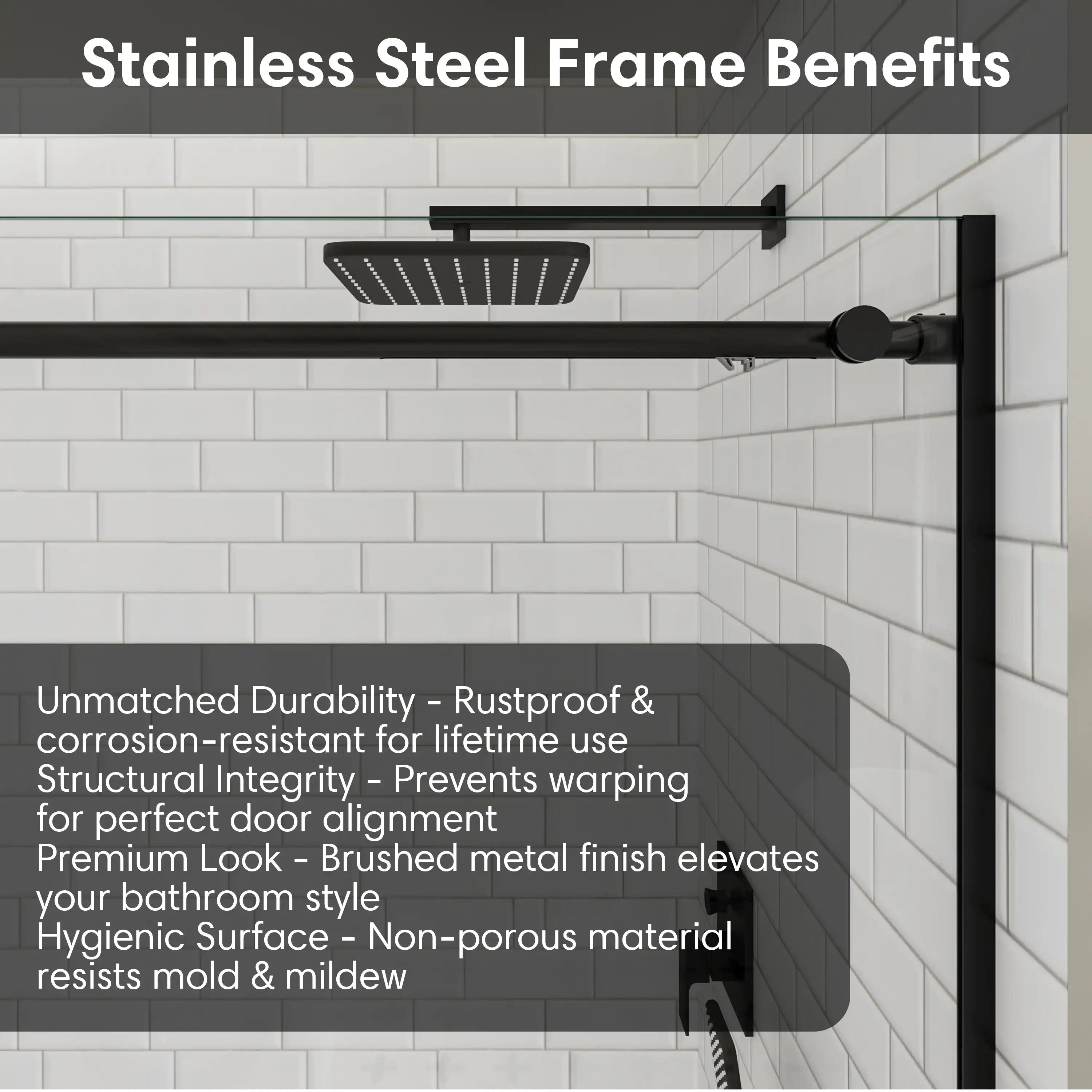 Stainless steel top frame benefits of black frameless sliding shower door, size 60 x 74 | Ace Decor