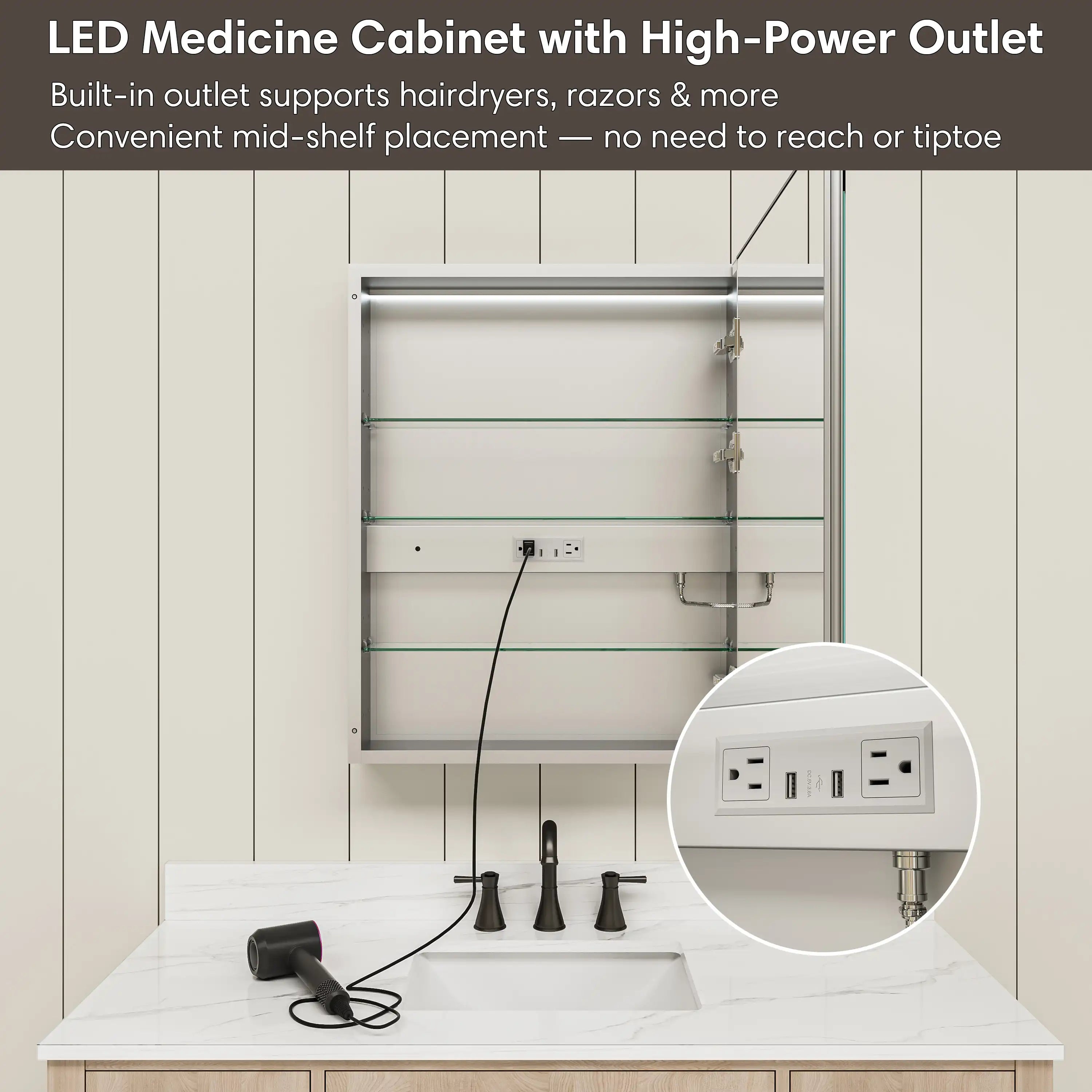 Pro Shower LED Medicine Cabinet with built-in high power outlet for hair dryer and shaver.