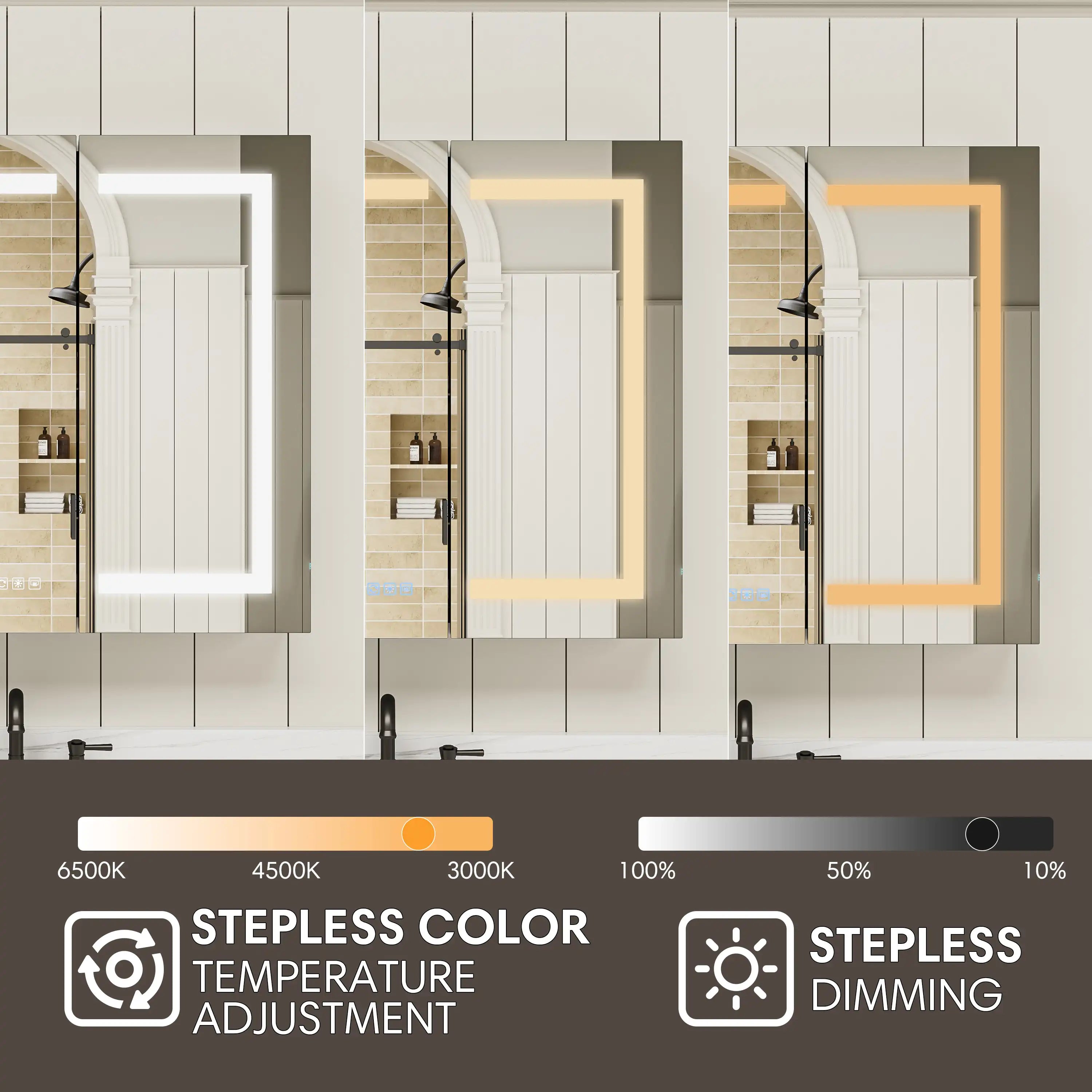 Pro Shower 36x30 LED Medicine Cabinet with stepless color temperature and brightness adjustment.