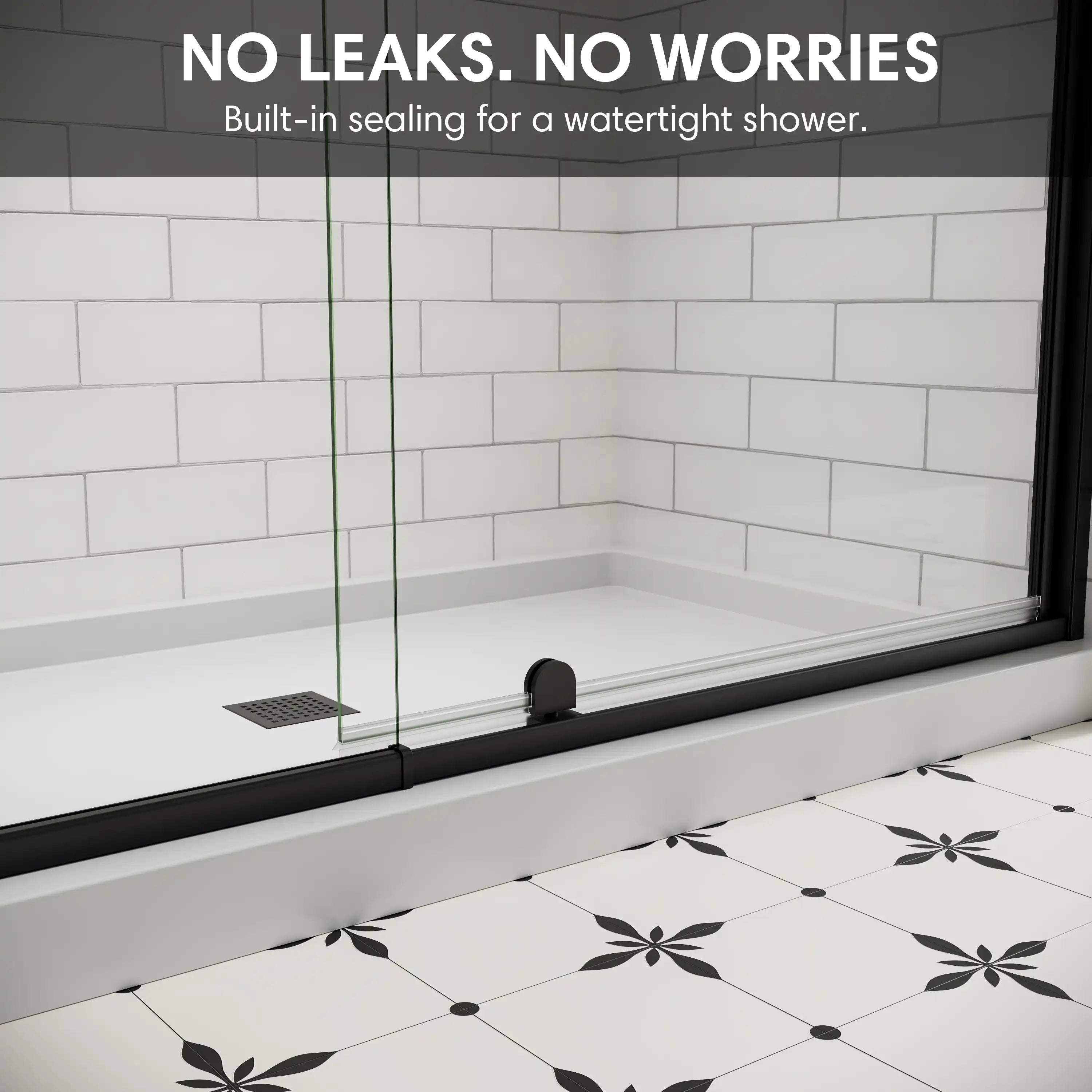 Waterproof sealing design preventing leaks for 36 x 72 36 pivot shower door with matte black frame | Ace Decor