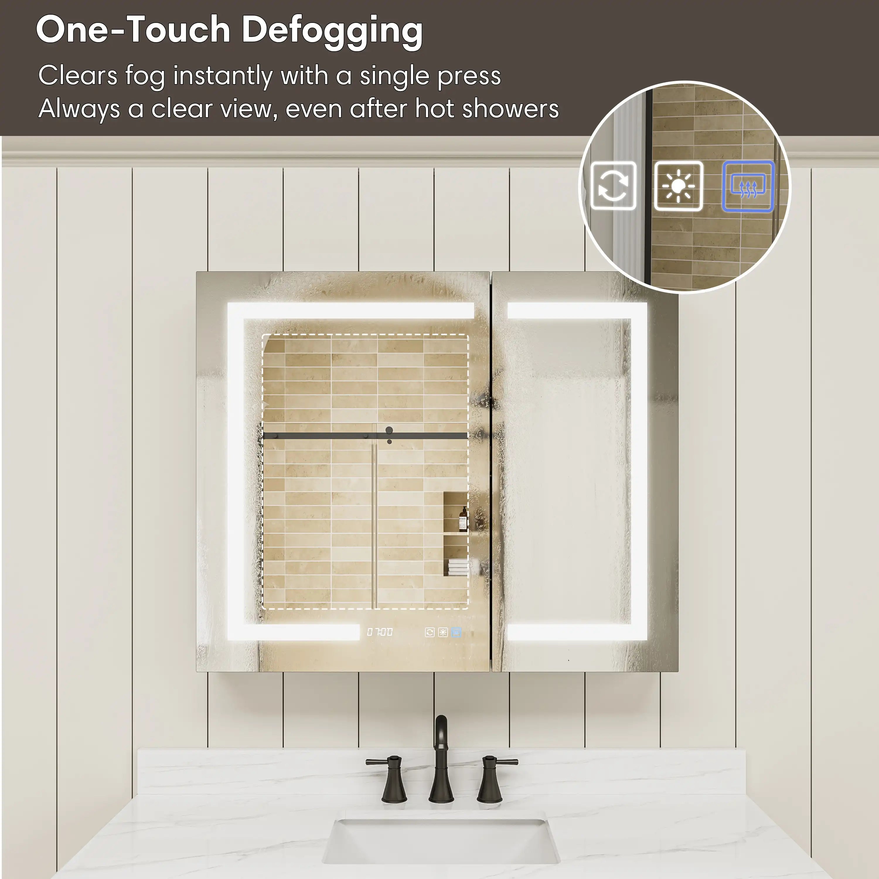 One-touch defogging feature on Pro Shower 36x30 Rectangular LED Medicine Cabinet for a always clear view.
