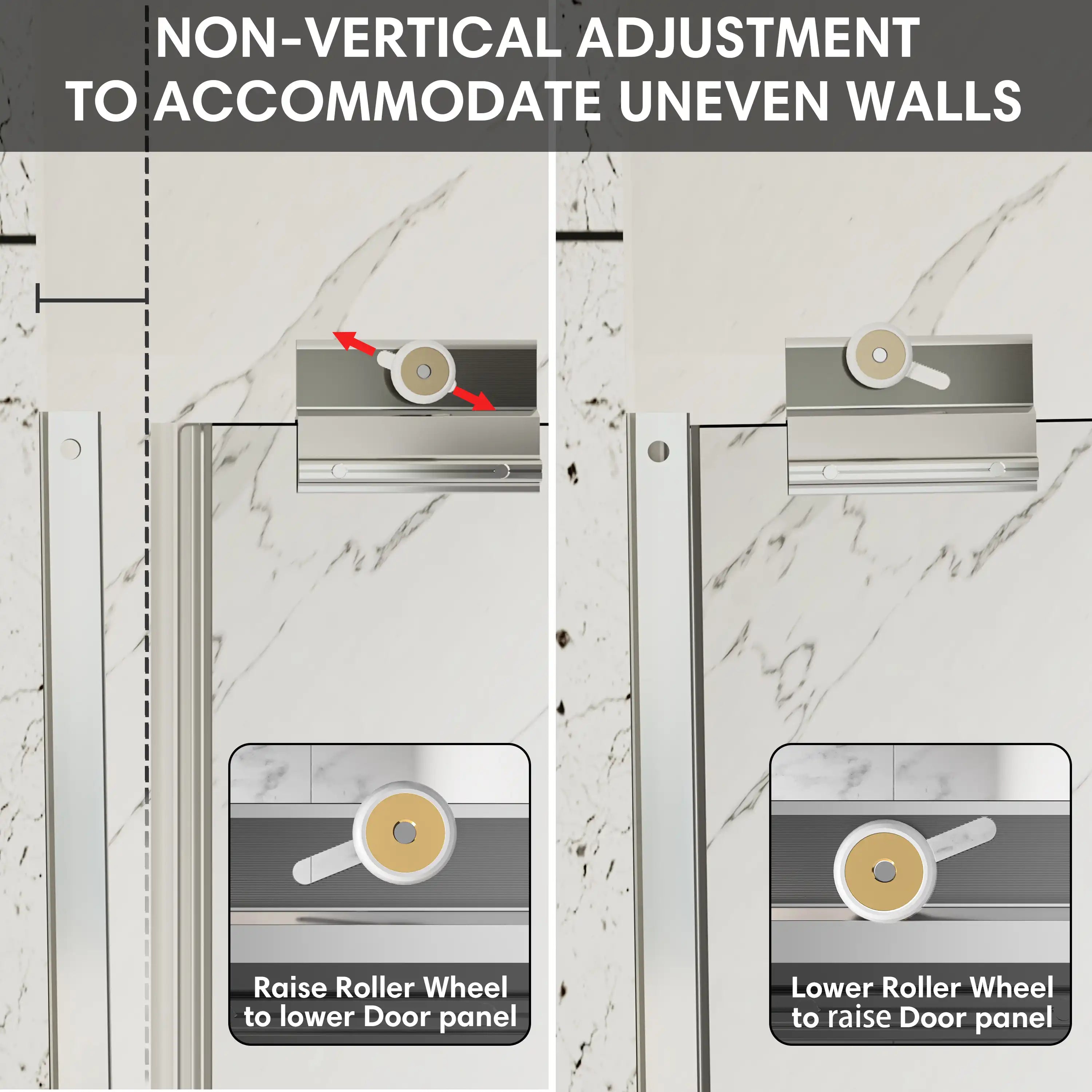 Non-vertical adjustment feature with roller wheel system for easy door panel alignment on shower door in chrome. | Ace Decor