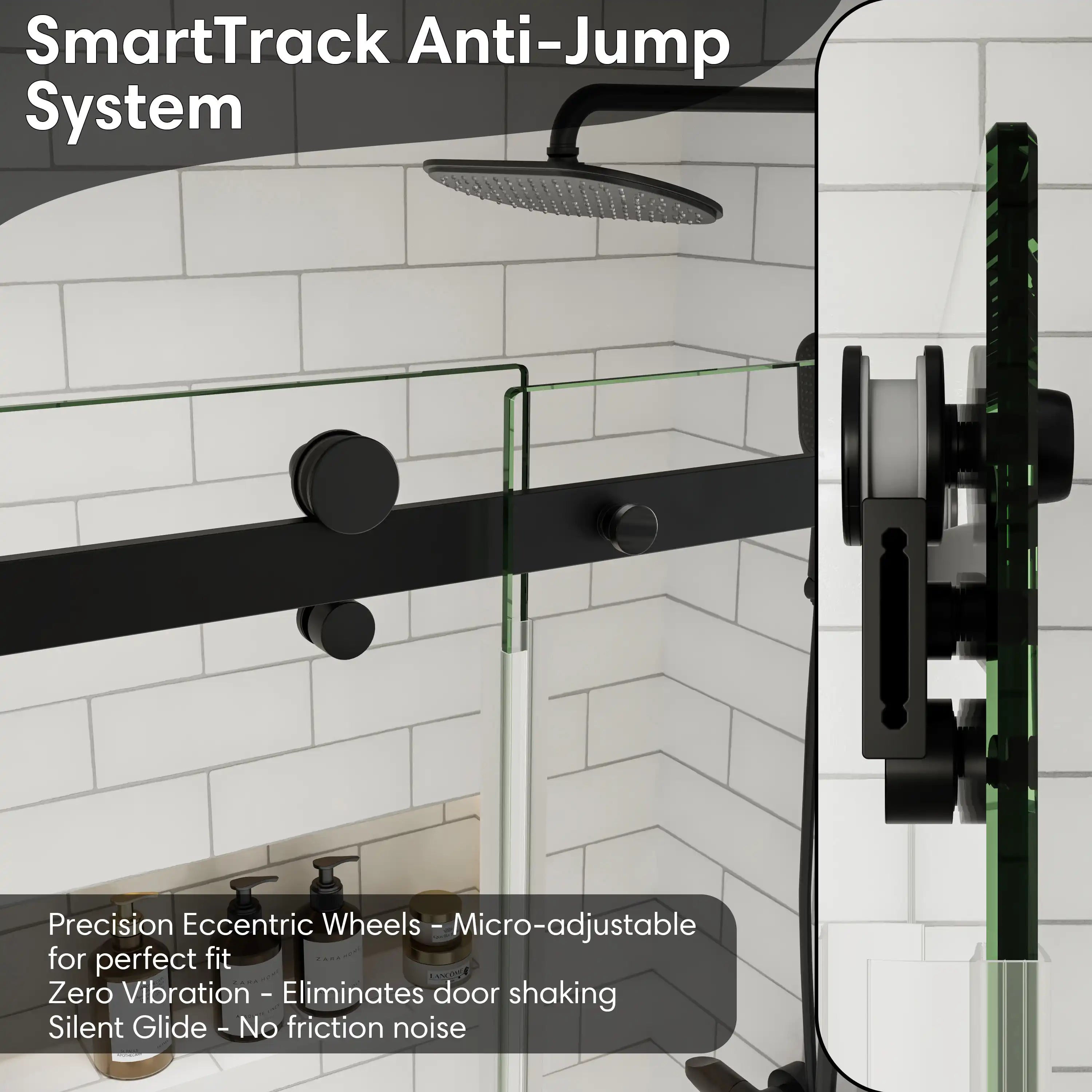 SmartTrack anti-jump system with precision rollers for shower door sliding frameless, dimensions 54 x 74 inches | Ace Decor