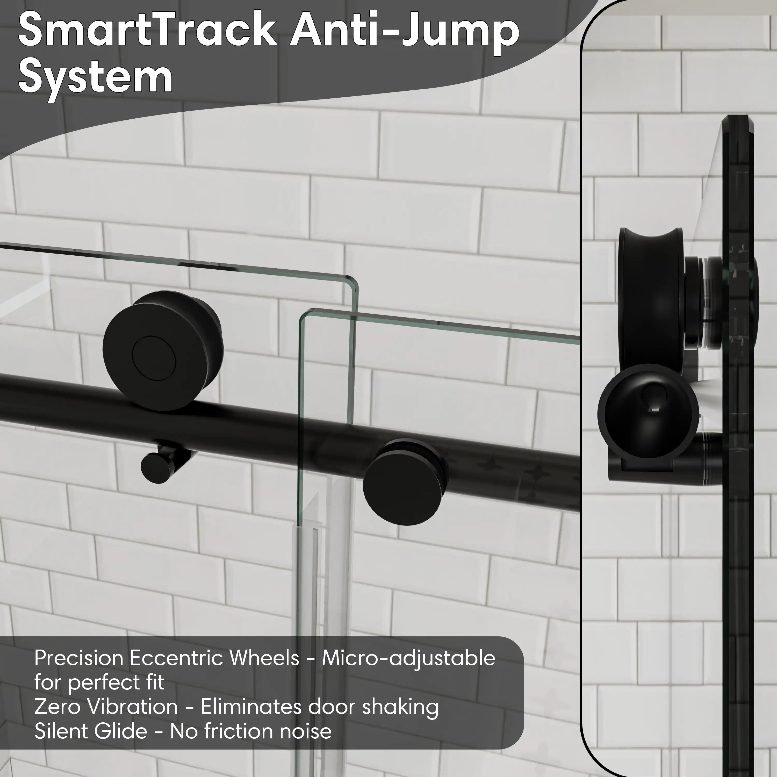 SmartTrack anti-jump system for black frameless sliding shower door, size 60 x 74 | Ace Decor