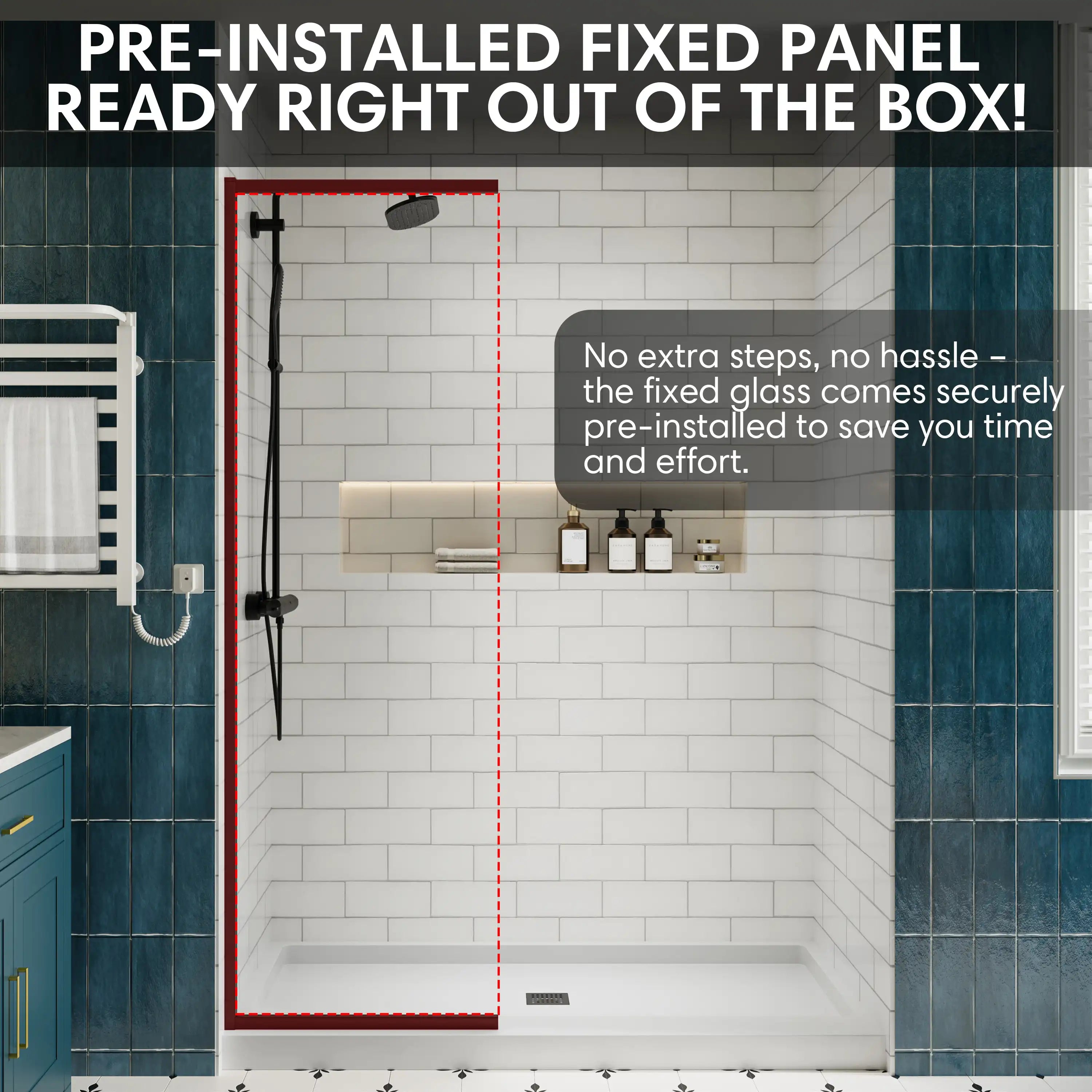 Pre-installed fixed glass panel for quick setup on 36 x 72 36 pivot shower door, saving time and effort | Ace Decor