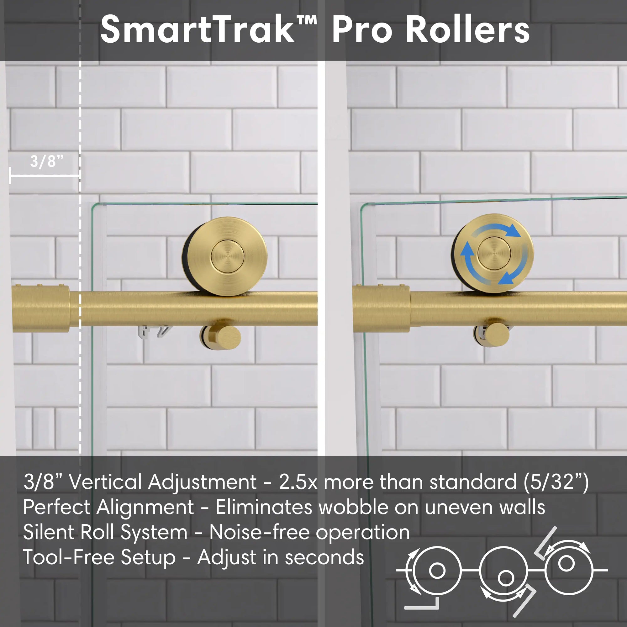 SmartTrak pro rollers with vertical adjustment for gold frameless shower door, size 60 x 74 | Ace Decor