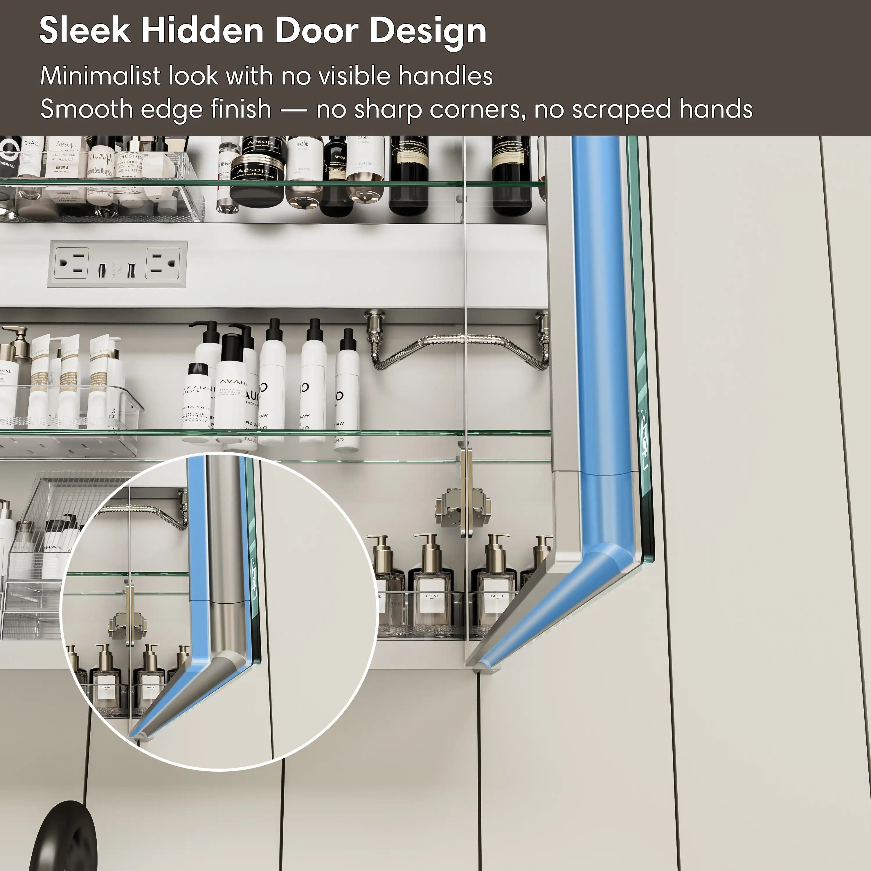 Hidden door handle design on Pro Shower LED Medicine Cabinet for sleek modern bathroom style.