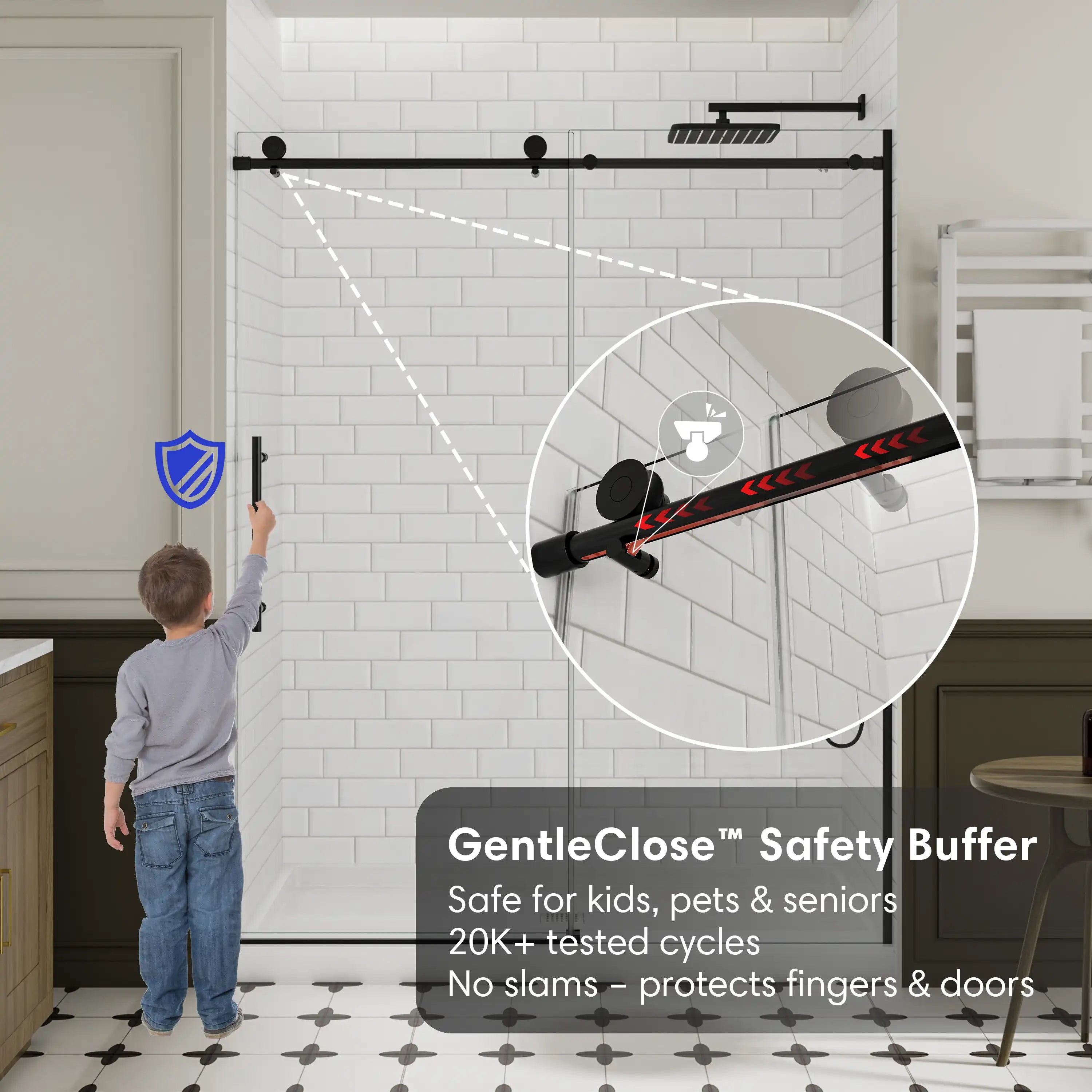 GentleClose safety buffer system on black frameless sliding shower door, size 60 x 74, ensuring safe and soft close | Ace Decor