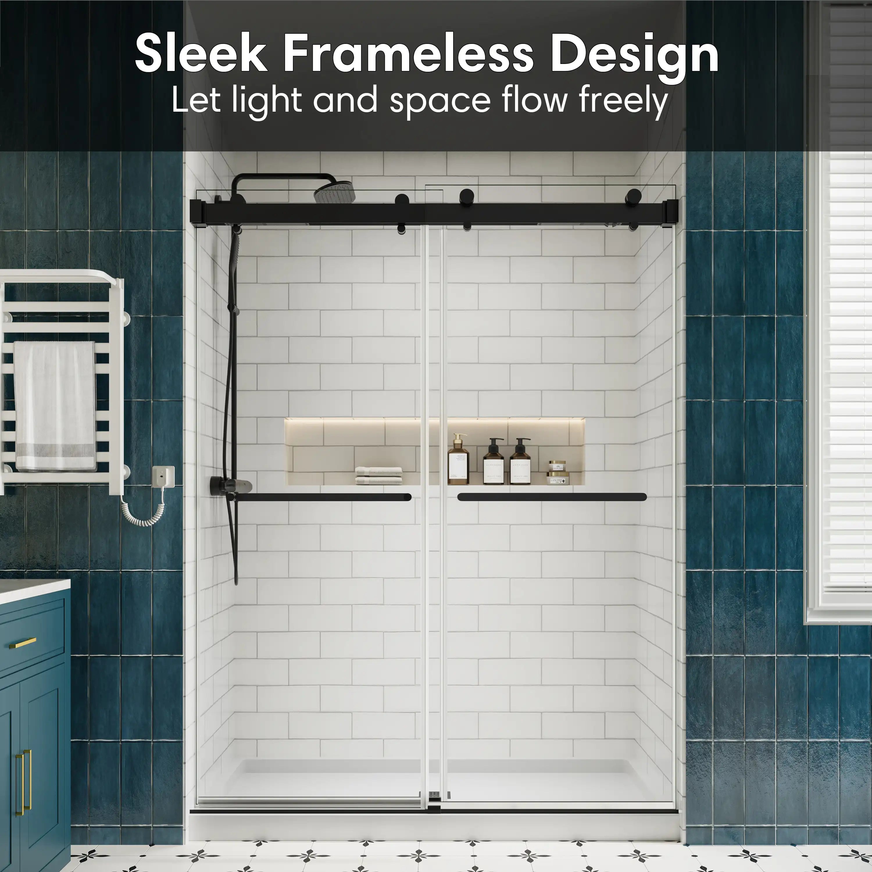 Frameless double sliding glass shower doors with sleek black design, enhancing light and openness in the bathroom | Ace Decor
