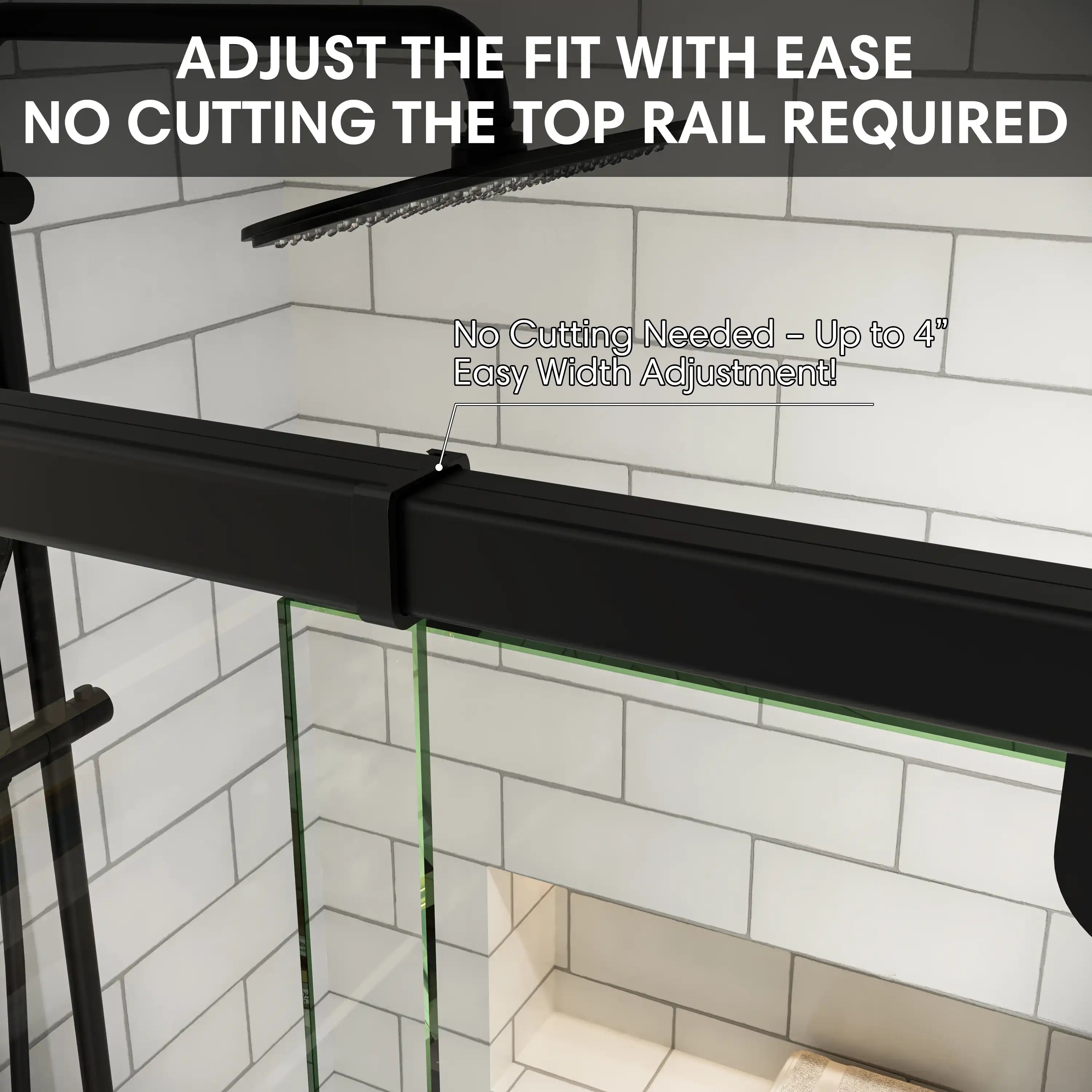 Adjustable width design up to 4 inches for 36 x 72 36 pivot shower door, no cutting top rail required | Ace Decor