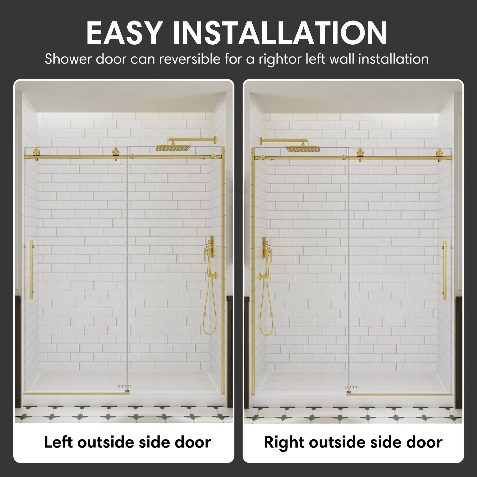 Easy-installation 60 x 74 gold frameless shower door shown in reversible left- or right-opening configurations | Ace Decor
