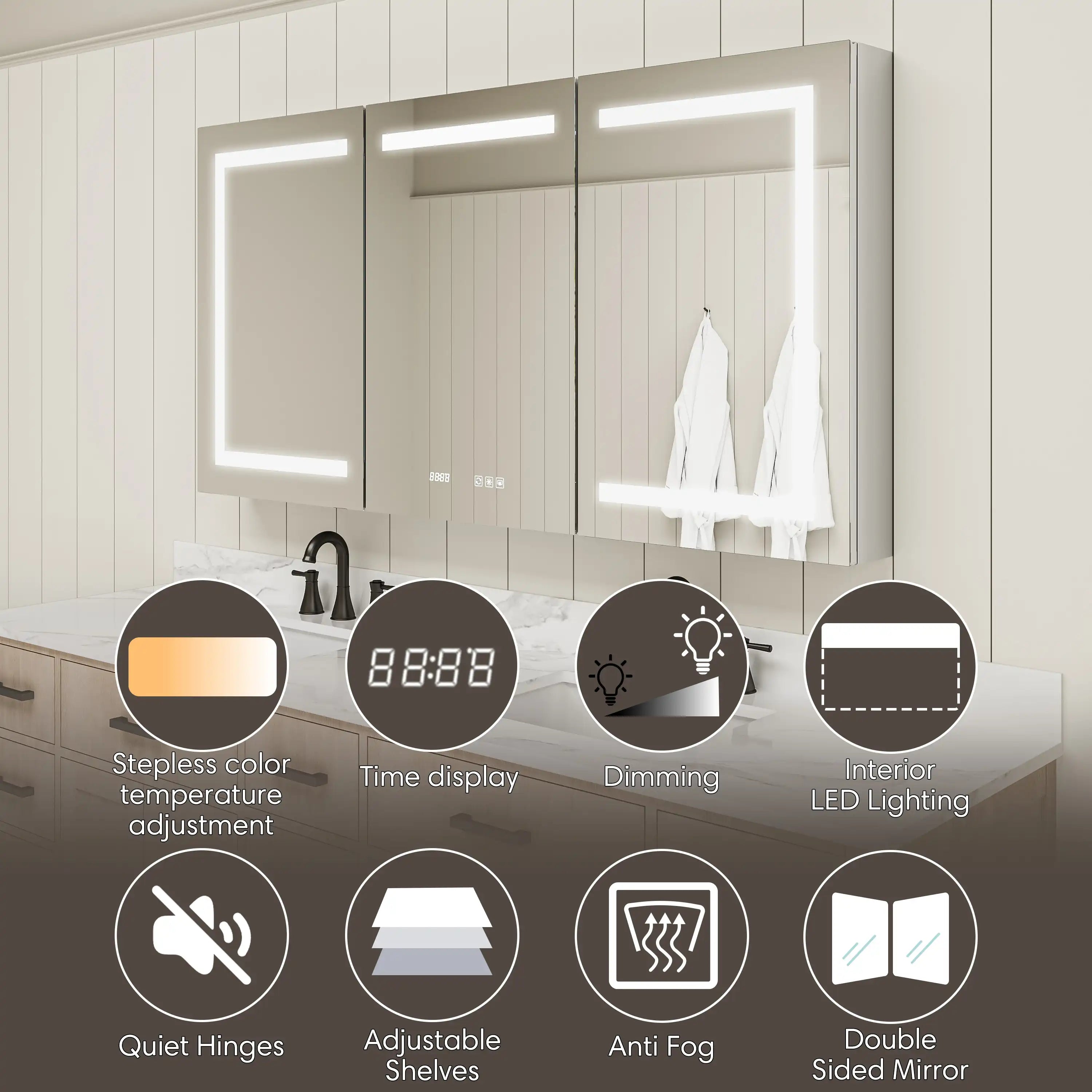 Pro Shower 48x30/60x30 LED Medicine Cabinet with mirror, LED adjustment, anti-fog, time display, quiet hinges and outlets.