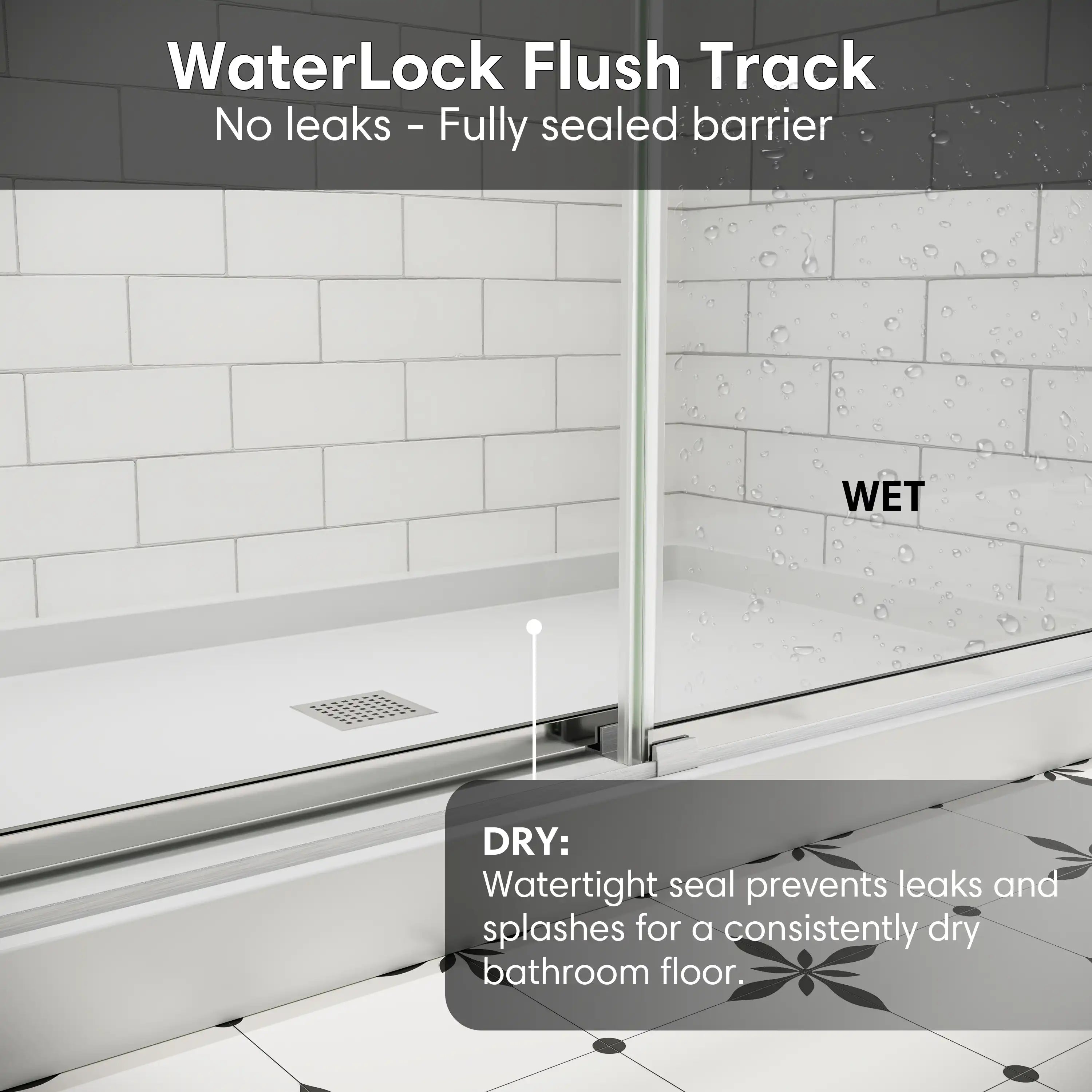 Brushed nickel WaterLock Flush Track showing watertight seal design that prevents leaks and keeps bathroom floors dry | Ace Decor