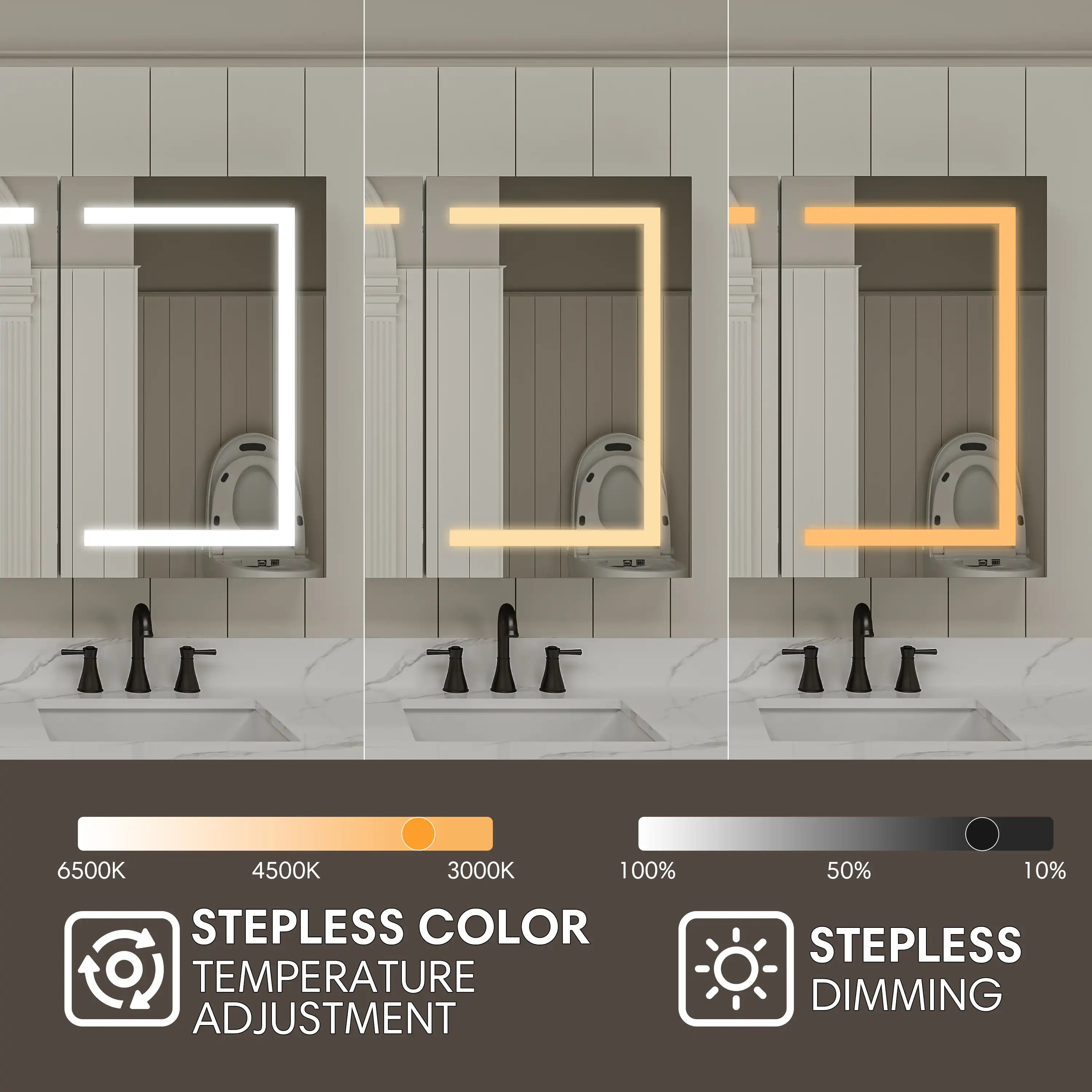 Pro Shower 48x30/60x30 LED Medicine Cabinet with adjustable color temperature and brightness lighting.