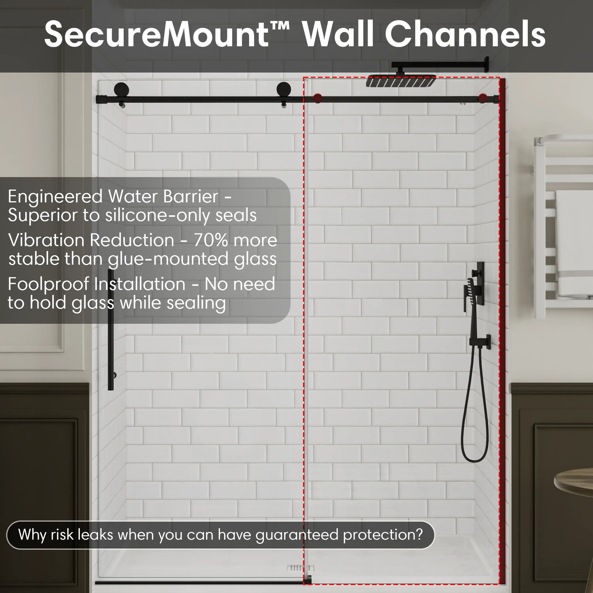 SecureMount wall channels for black frameless sliding shower door, size 60 x 74, providing stable and leak-proof installation | Ace Decor