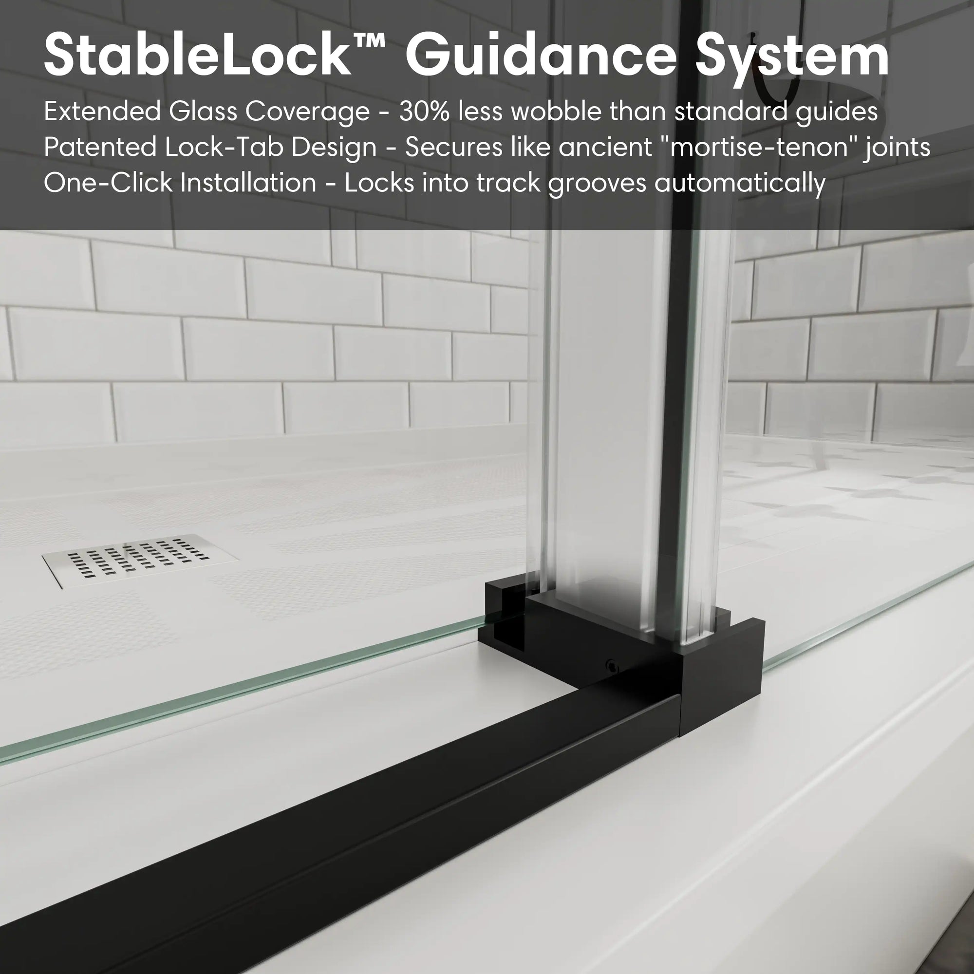 StableLock guidance system at the base of black frameless sliding shower door, size 60 x 74, ensuring secure and smooth operation | Ace Decor