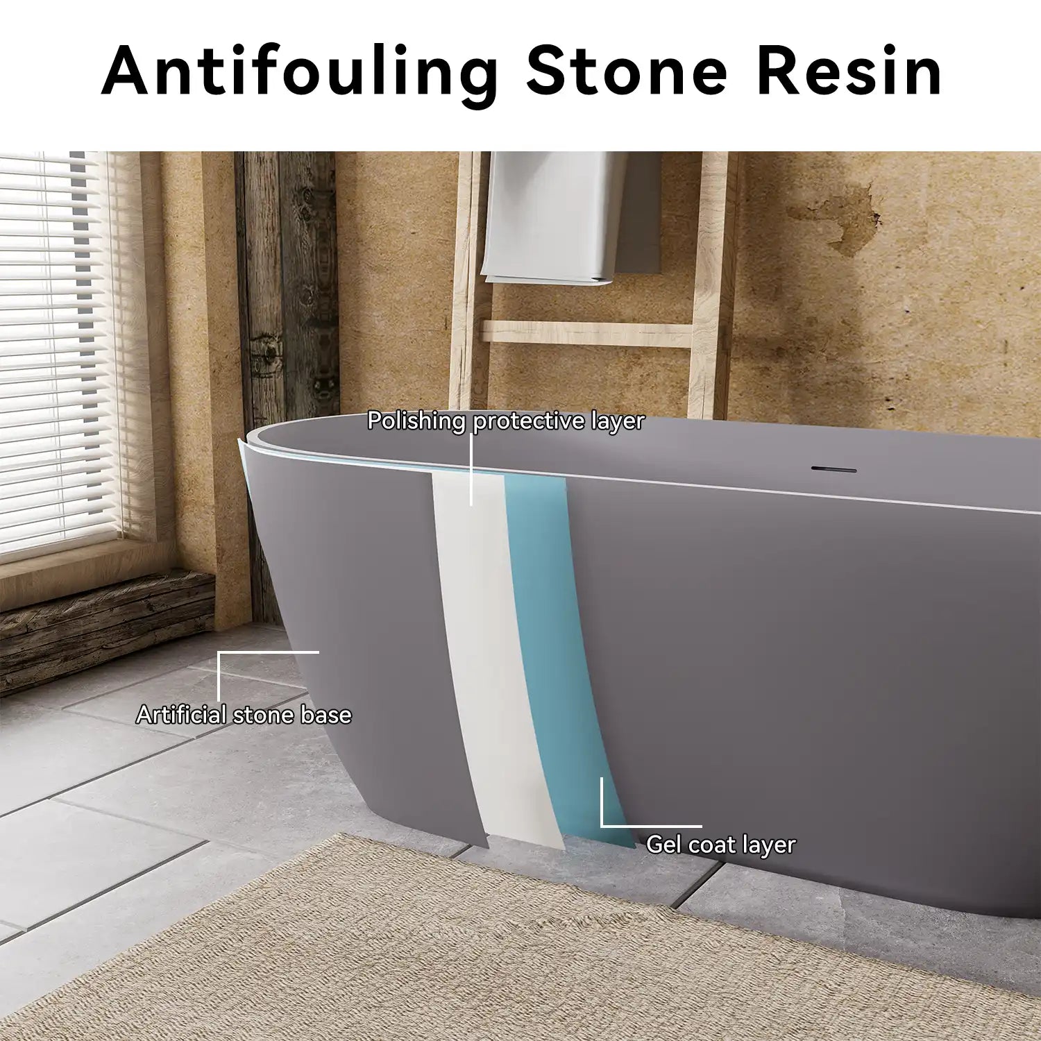 Stone Resin Freestanding Soaking Bathtub  color:Matte Gray